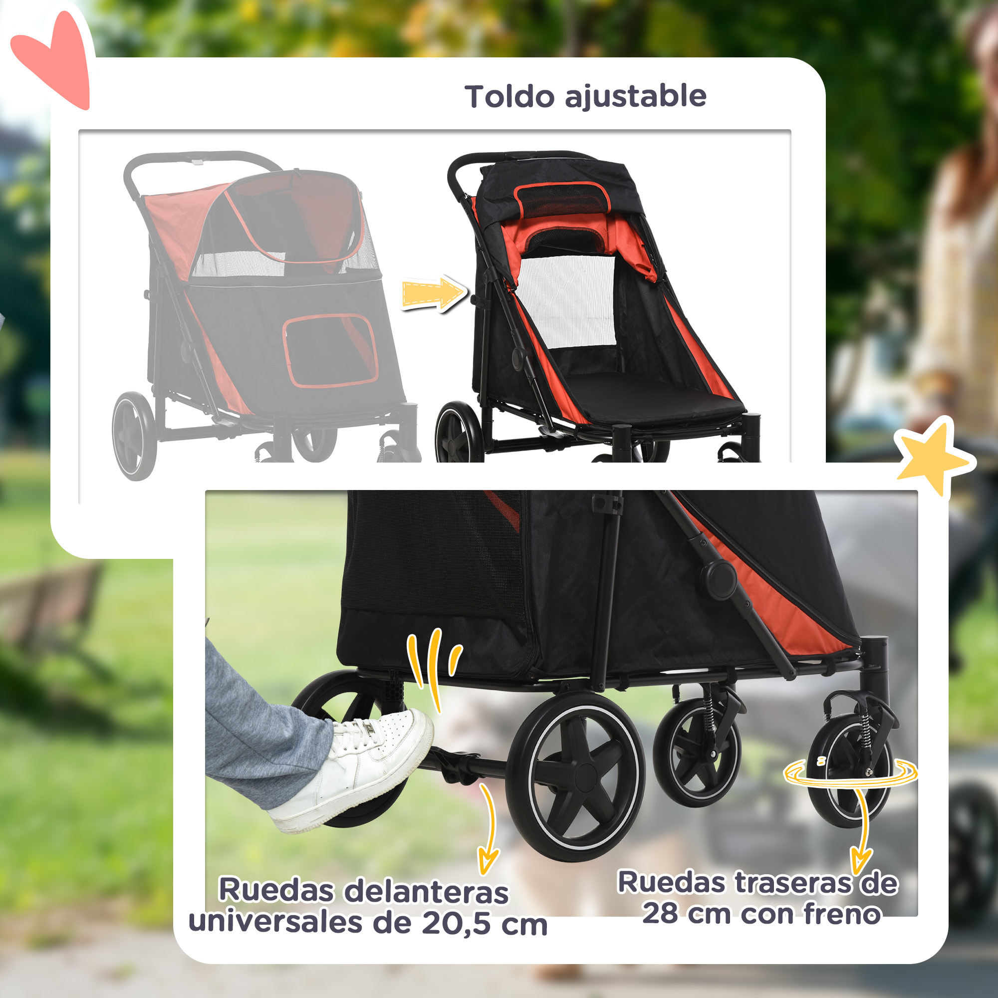 Cochecito para mascotas negro/naranja, con capota ajustable y ruedas con sistema de frenado. Pedal de freno.