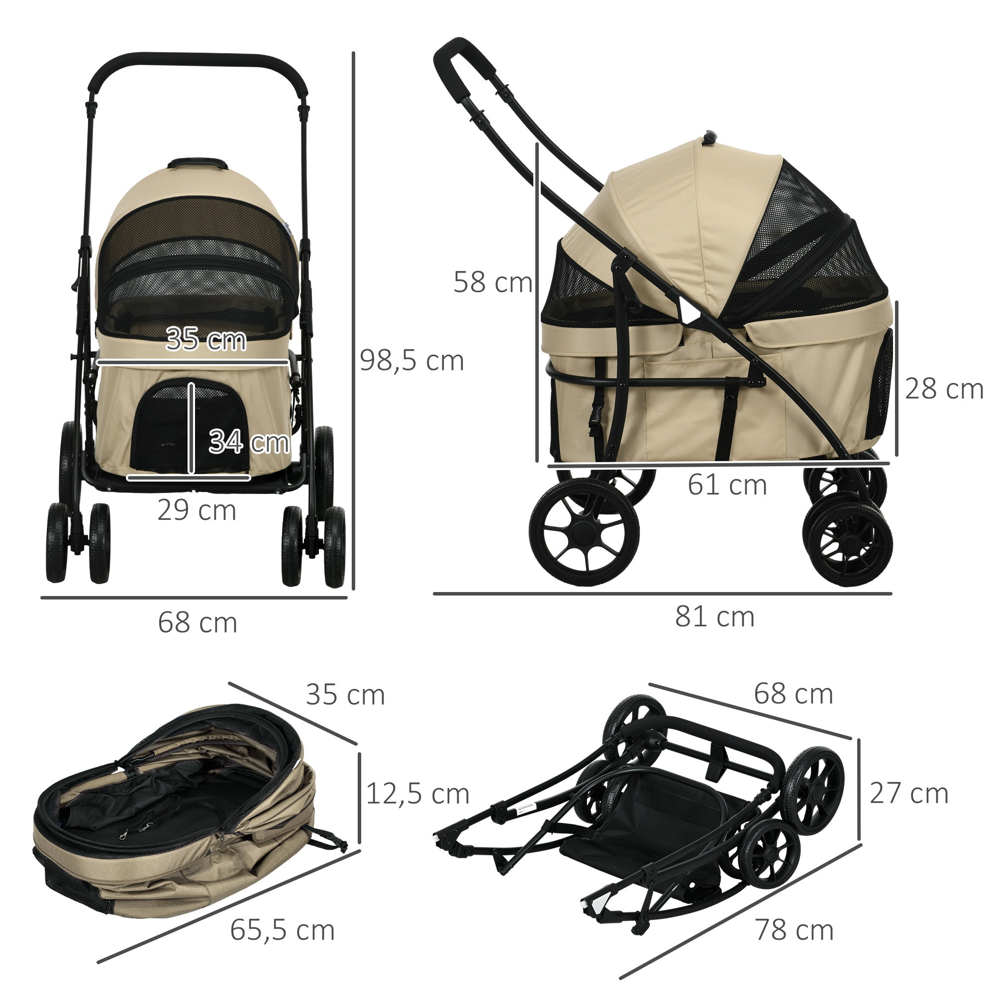 Un cochecito para mascotas beige con dimensiones etiquetadas. Varias vistas muestran el cochecito plegado y desplegado.