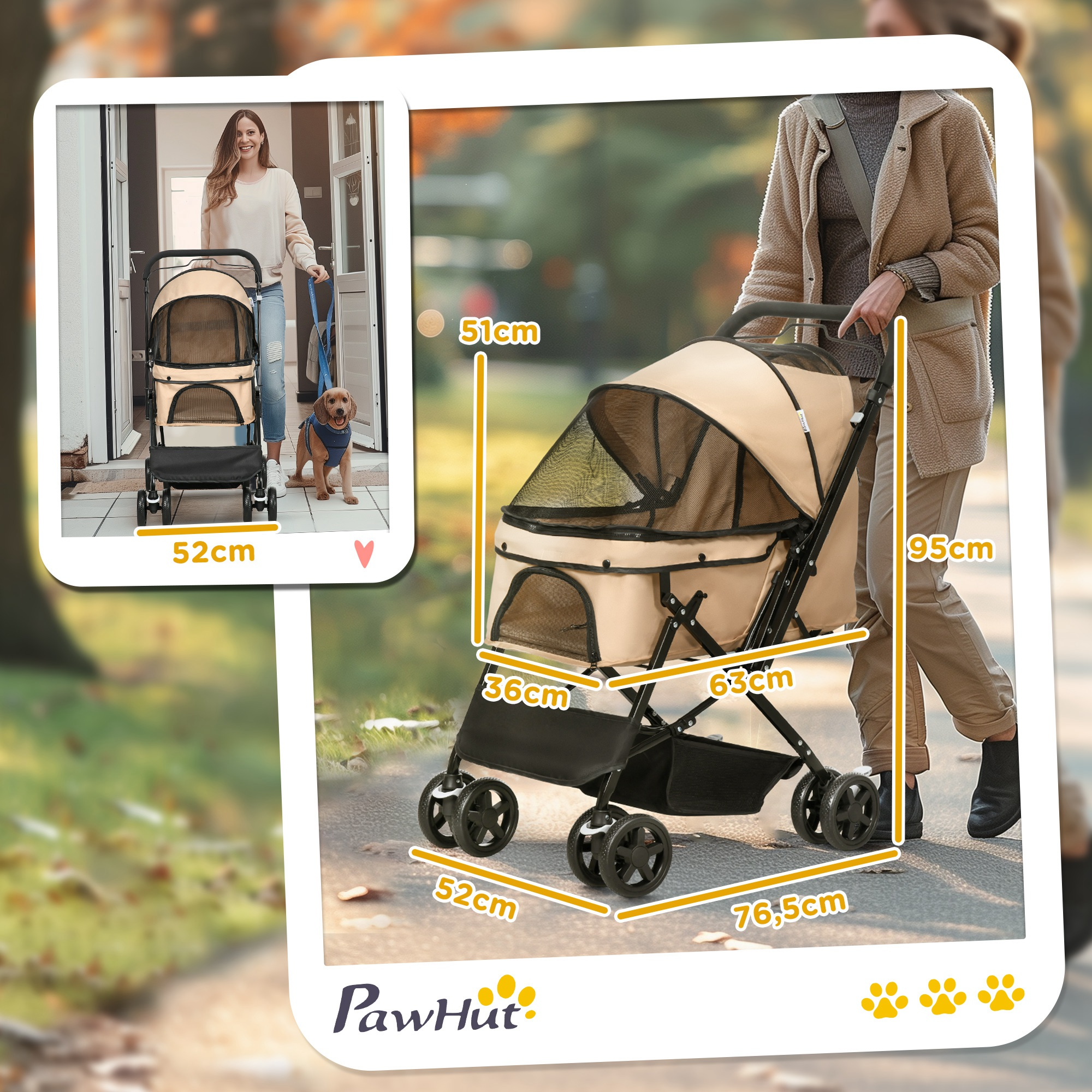 Cochecito para mascotas con dimensiones, una mujer empujándolo con un perro, destacando tamaño y uso en exteriores.