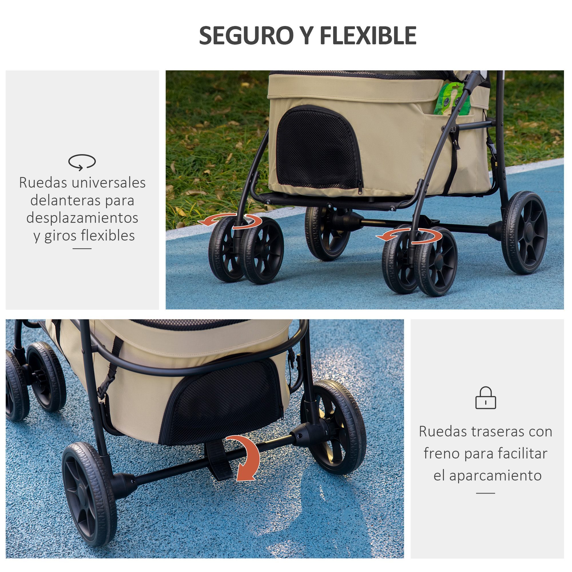 Cochecito para mascotas con ruedas negras. Se muestra con ruedas giratorias y bloqueos de ruedas.