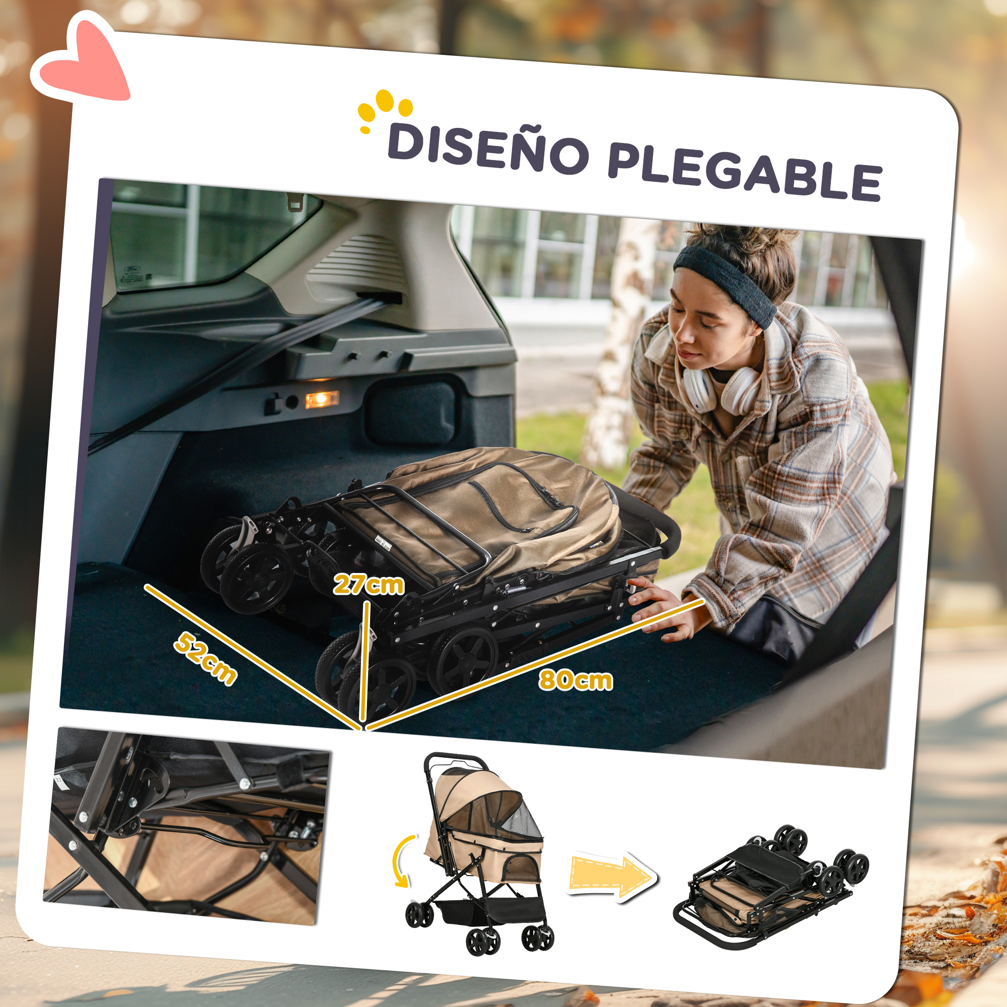Una mujer coloca un cochecito plegado para mascotas en el maletero. Se muestran dimensiones y vista plegada/desplegada.
