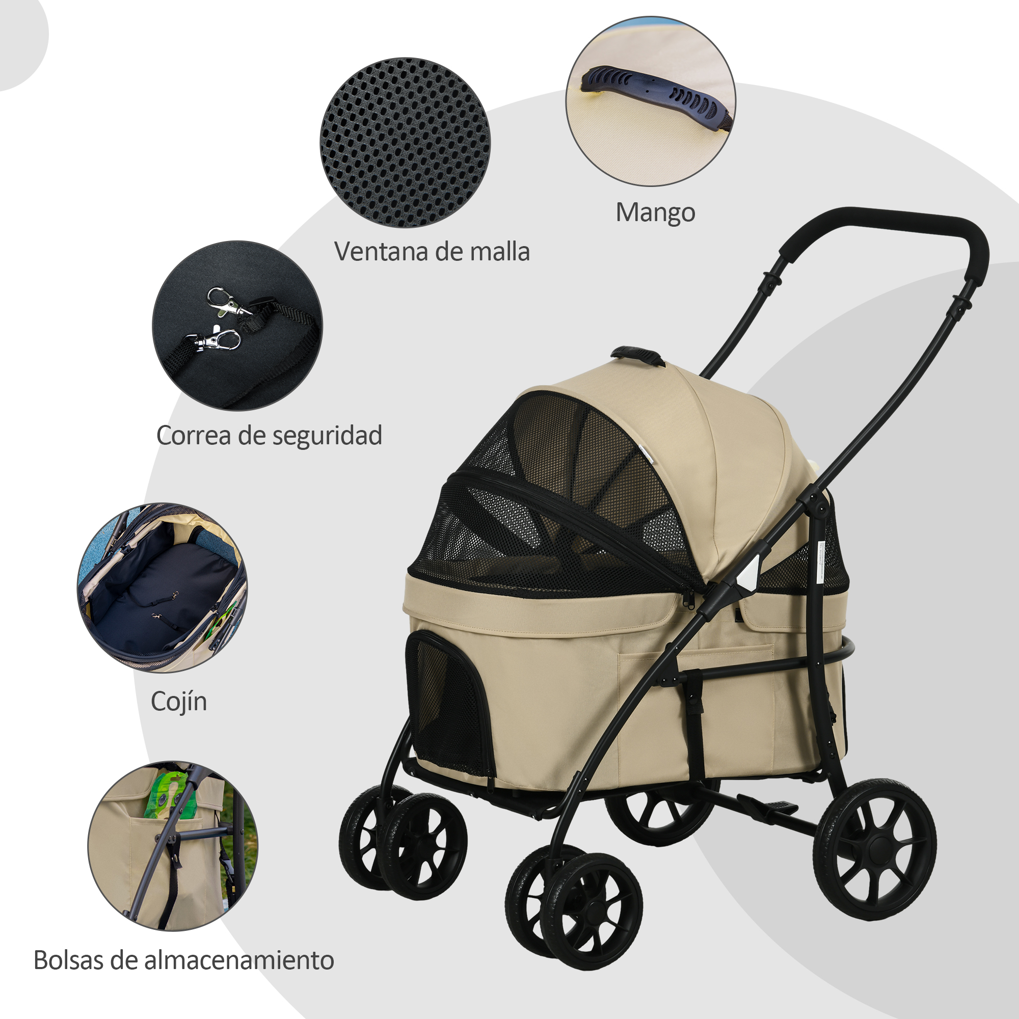 Un cochecito para mascotas beige con ruedas negras, ventanas de malla y bolsas de almacenamiento. Tiene un asa negra.