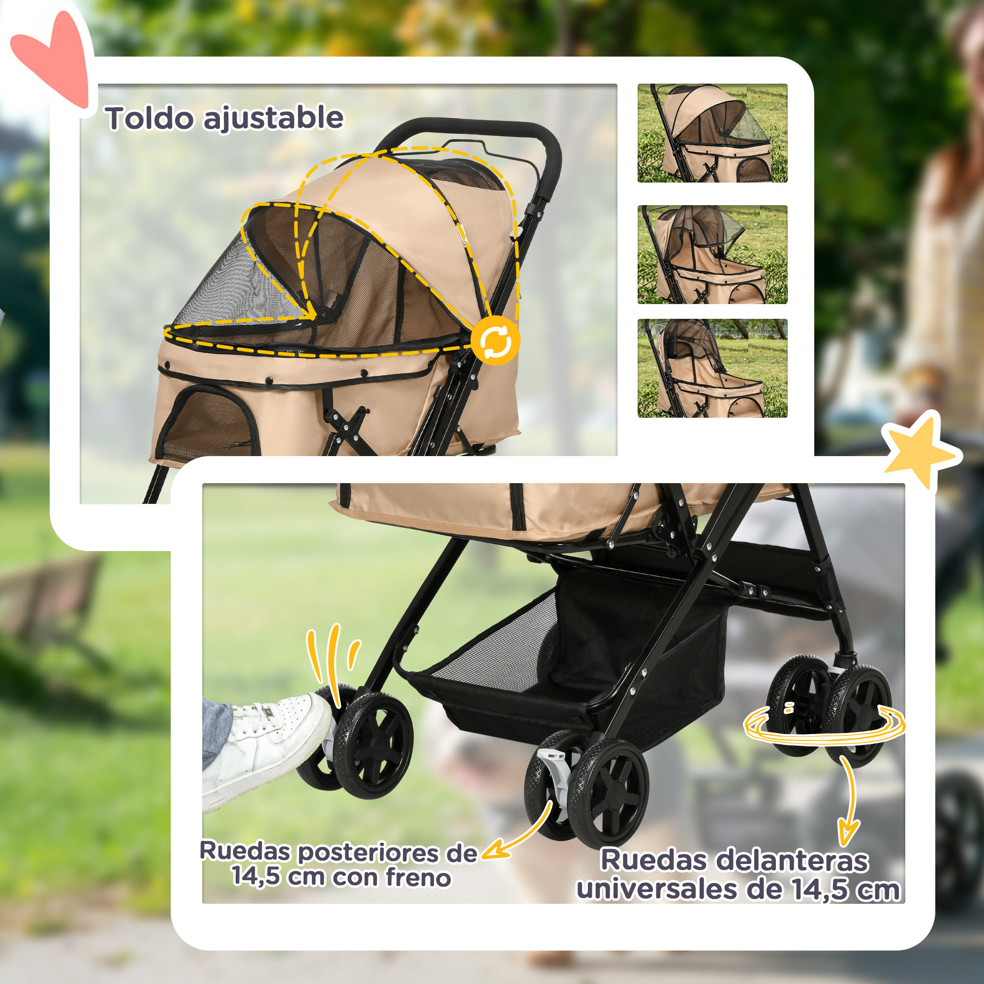 Un cochecito para mascotas con toldo ajustable y frenos traseros. Combinación de colores beige y negro.