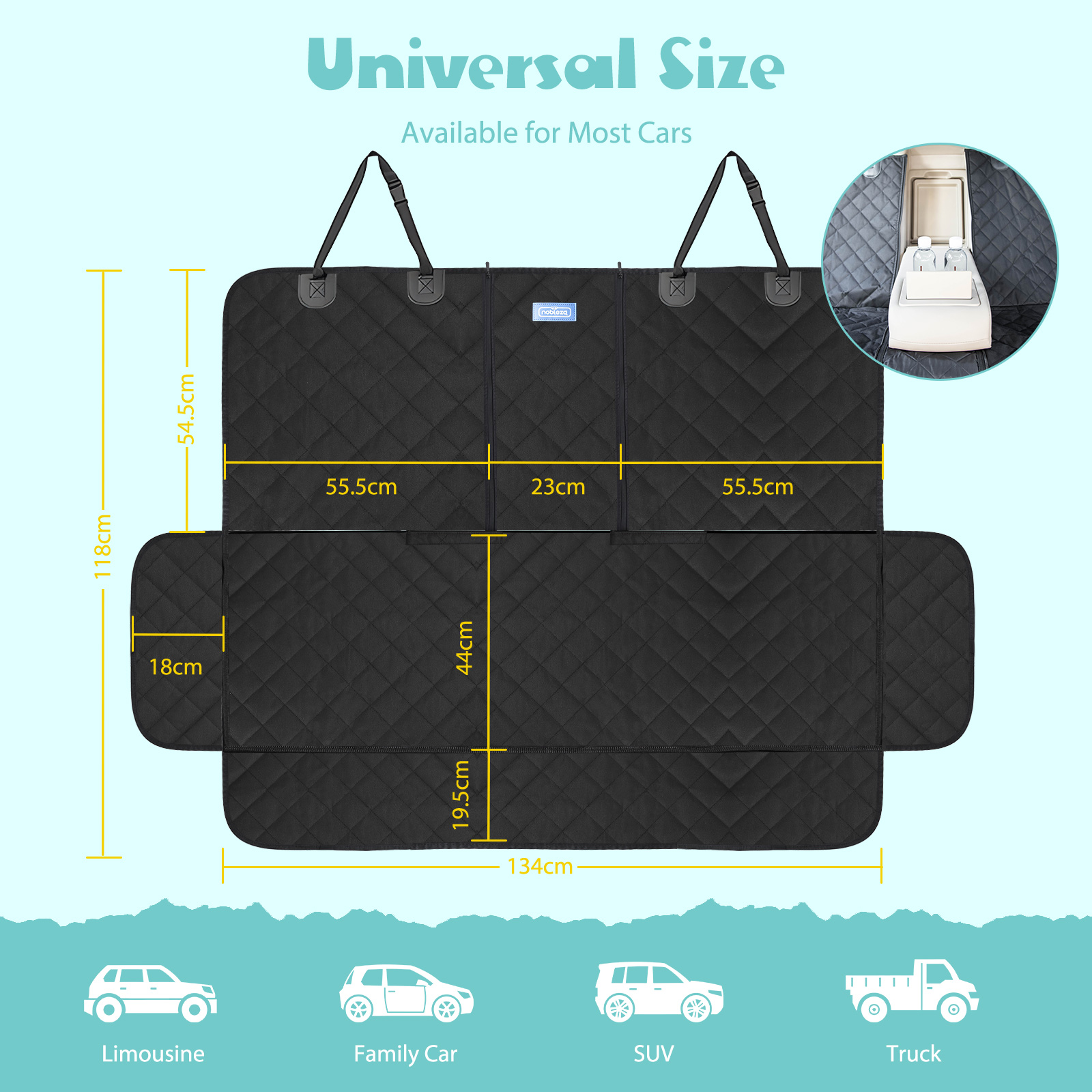 Funda de asiento de coche negra con dimensiones. Muestra diferentes tipos de coches: Limusina, Coche Familiar, SUV y Camión.