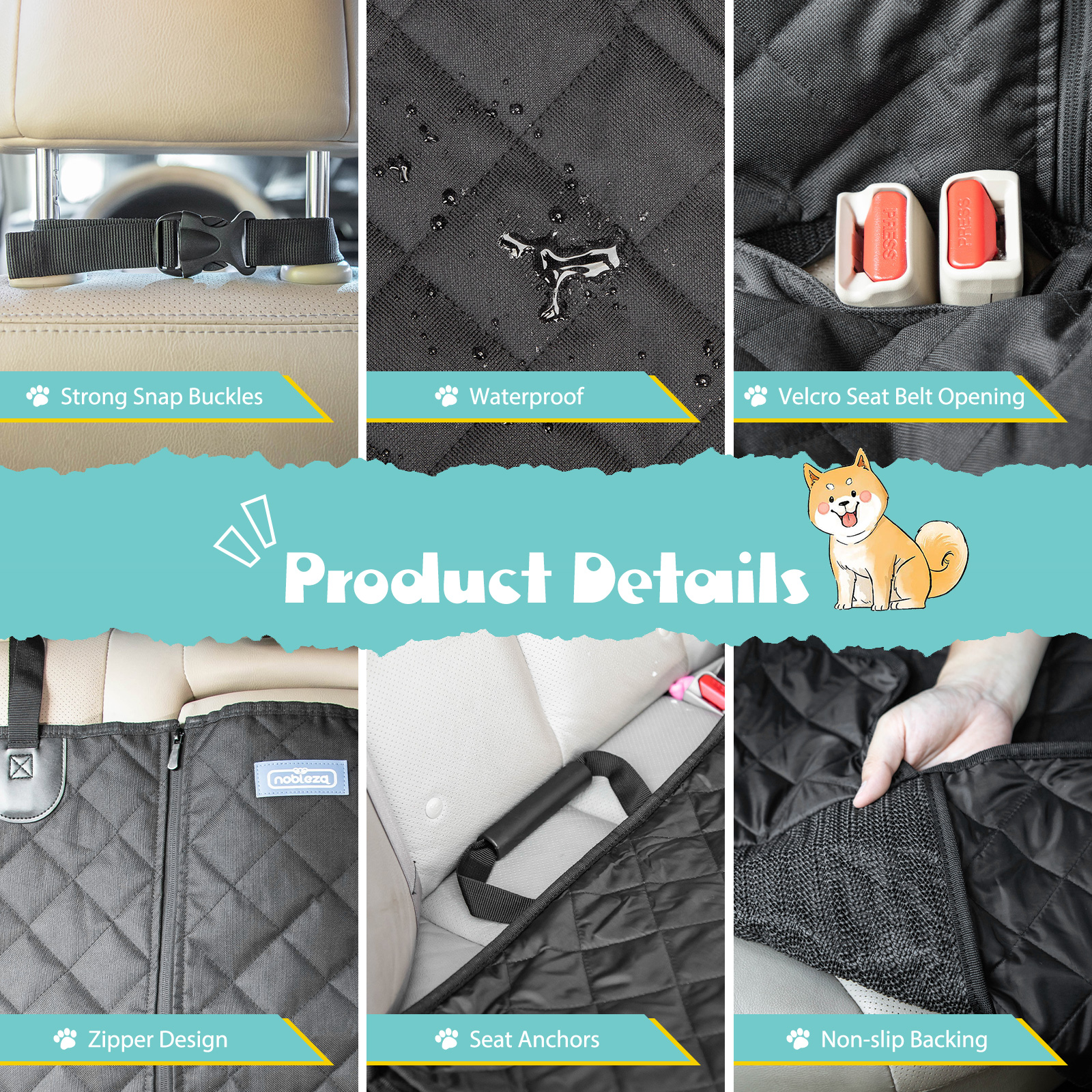 Primer plano de detalles del asiento del coche: hebillas a presión, impermeable, abertura del cinturón de seguridad de velcro y más detalles.