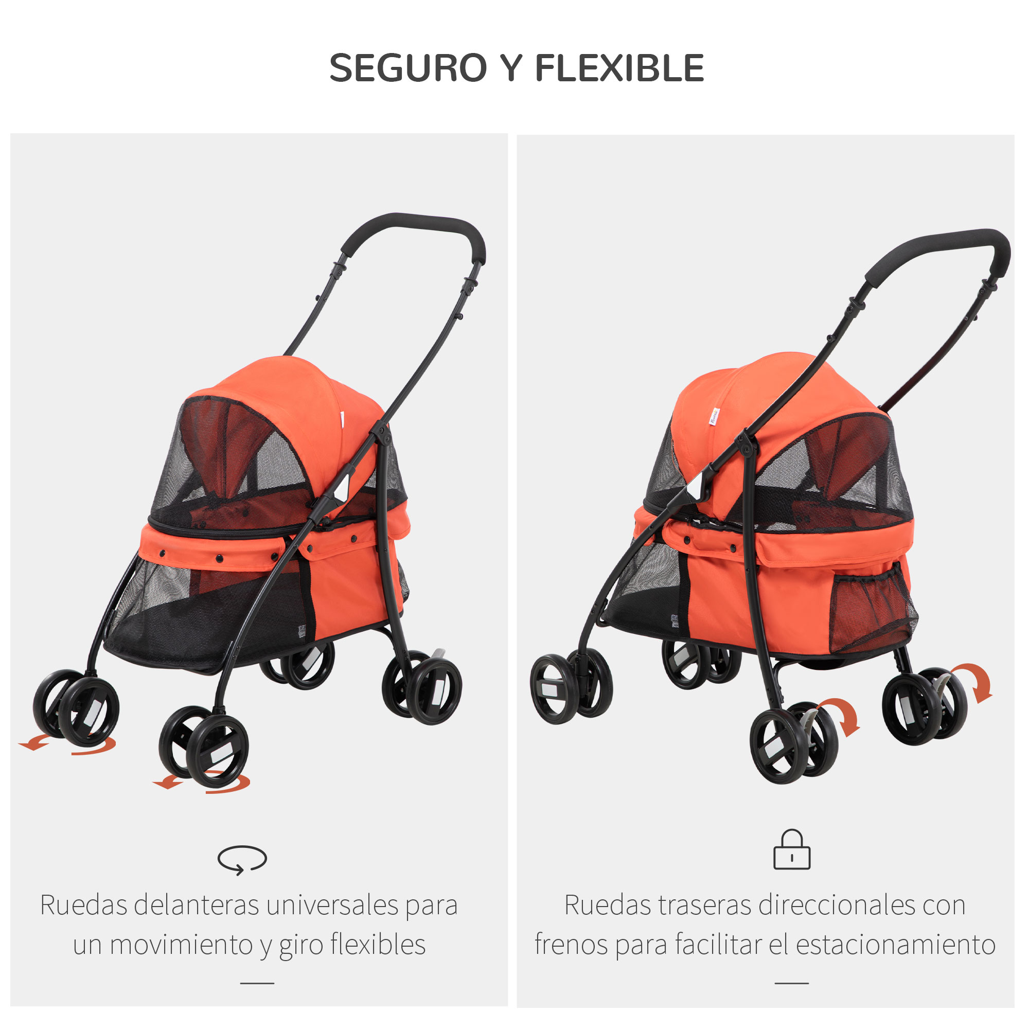 Cochecito para mascotas naranja, con ruedas delanteras universales y traseras direccionales.