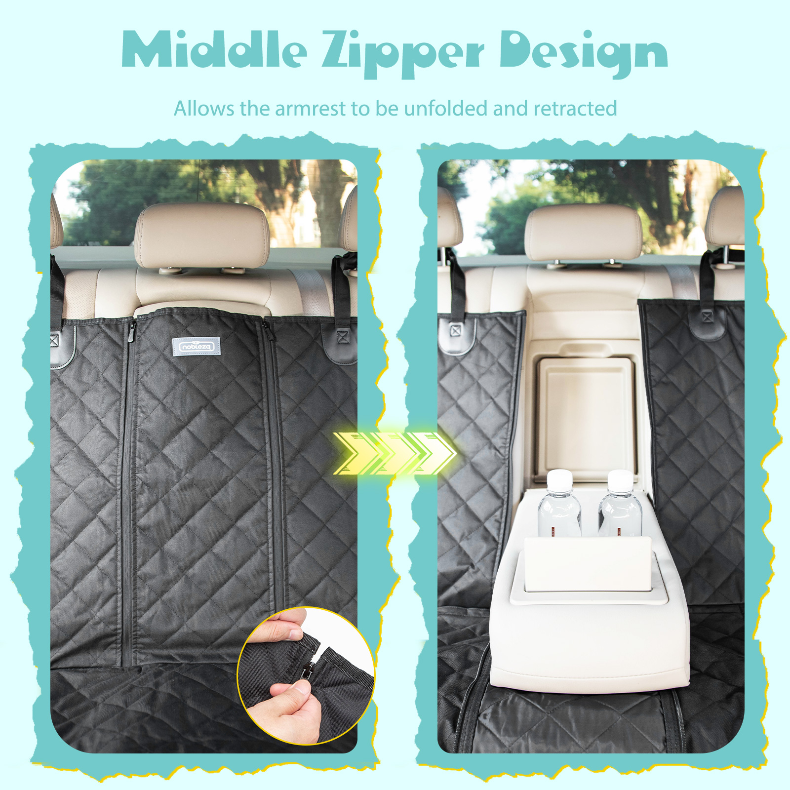 La funda del asiento del coche muestra el diseño de cremallera central. Cubre el asiento trasero con la cremallera abierta.