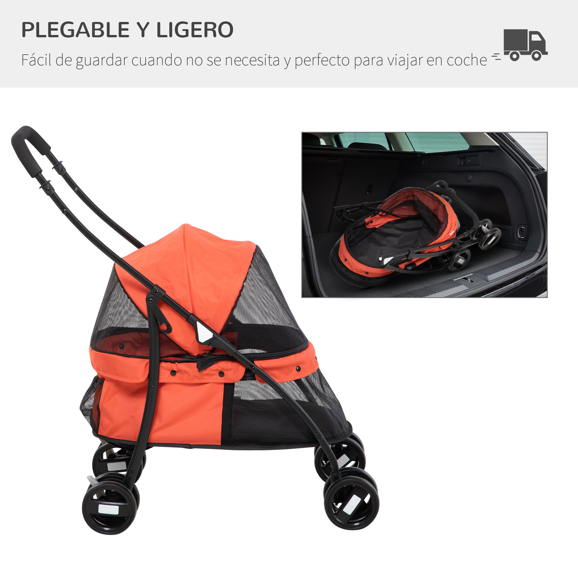 Un cochecito para mascotas naranja y negro, plegado y colocado en el maletero de un coche.