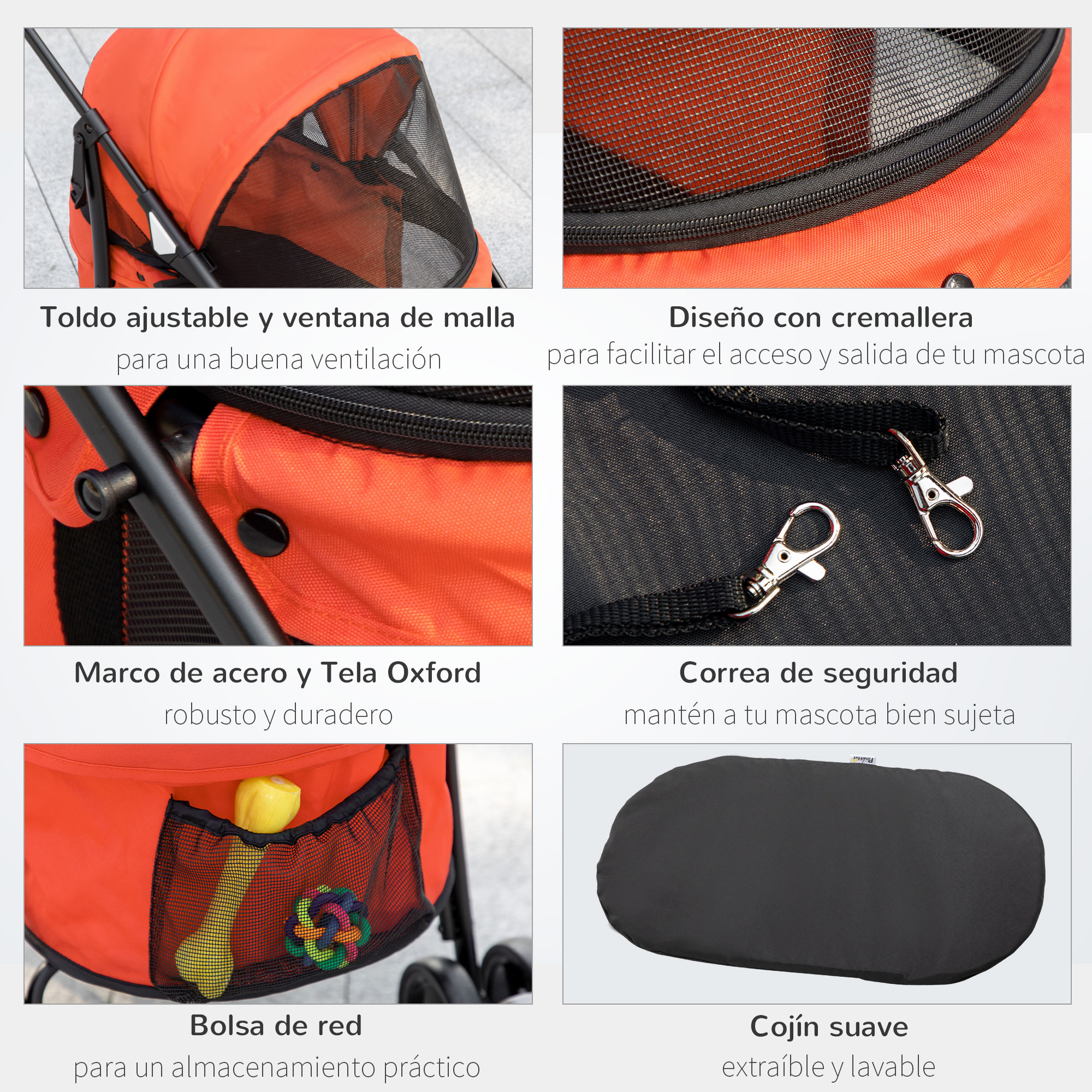 Detalles de un cochecito naranja para mascotas: toldo ajustable, ventana de malla, diseño de cremallera, correa de seguridad y almacenamiento.