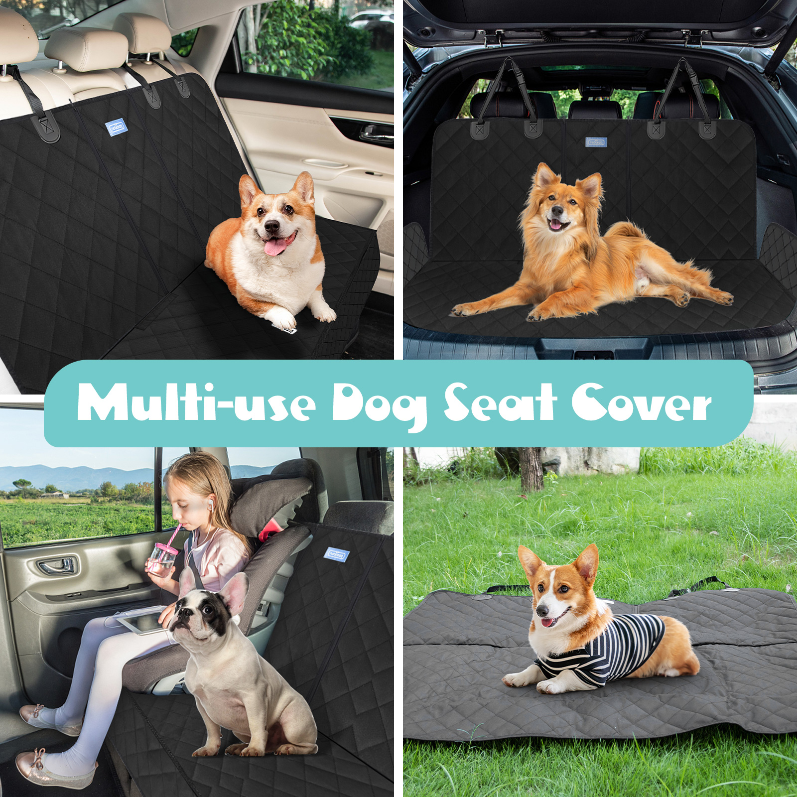 Funda de asiento para perros de uso múltiple en un automóvil con perros y un niño.