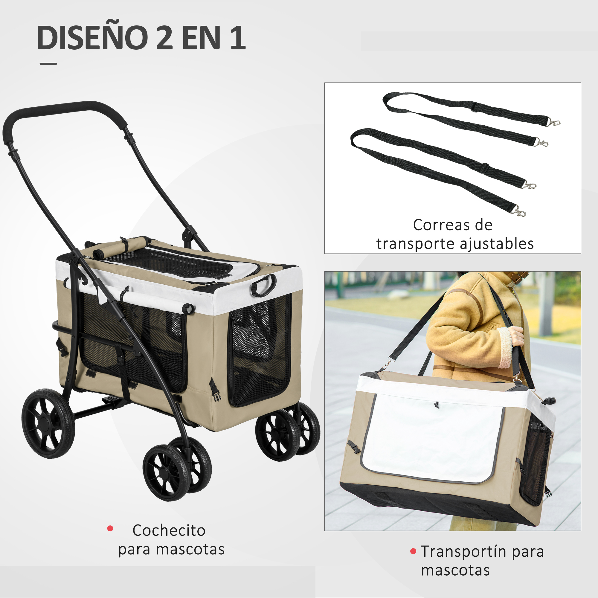 Cochecito y transportín para mascotas, con correas de transporte ajustables y ruedas.
