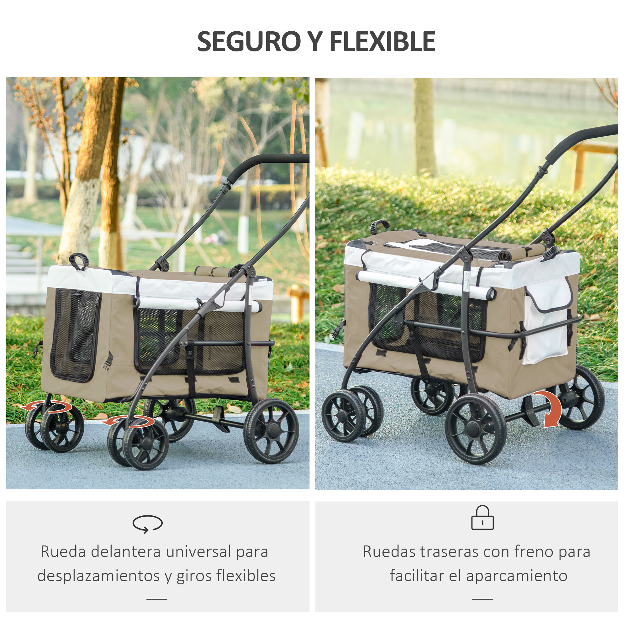 Collage que muestra un cochecito para mascotas con ruedas delanteras versátiles y ruedas traseras con frenos.