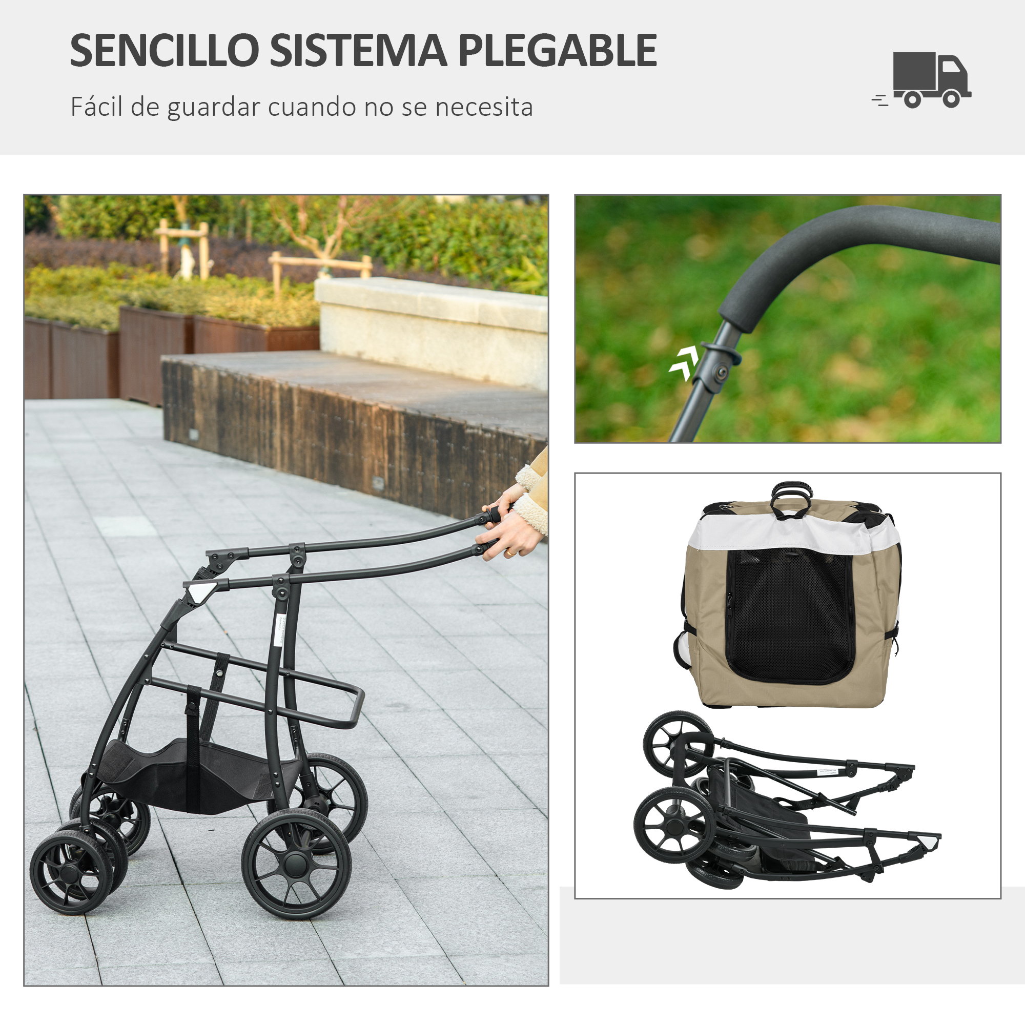 Cochecito para mascotas en partes. Mostrando el mecanismo de plegado, el detalle del mango y el marco negro ensamblado.