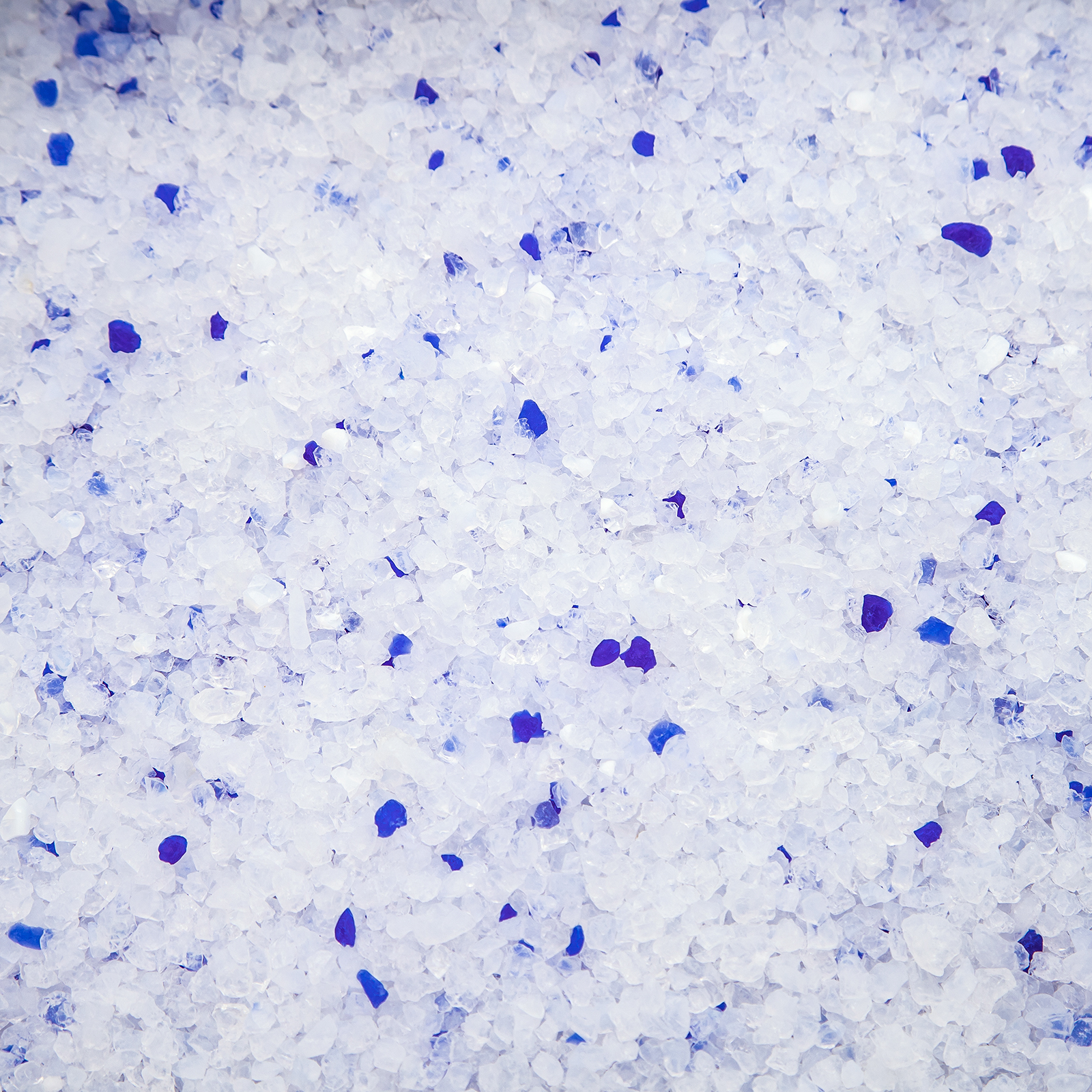 Primer plano de gránulos de arena para gatos, en su mayoría blancos con motas azules.