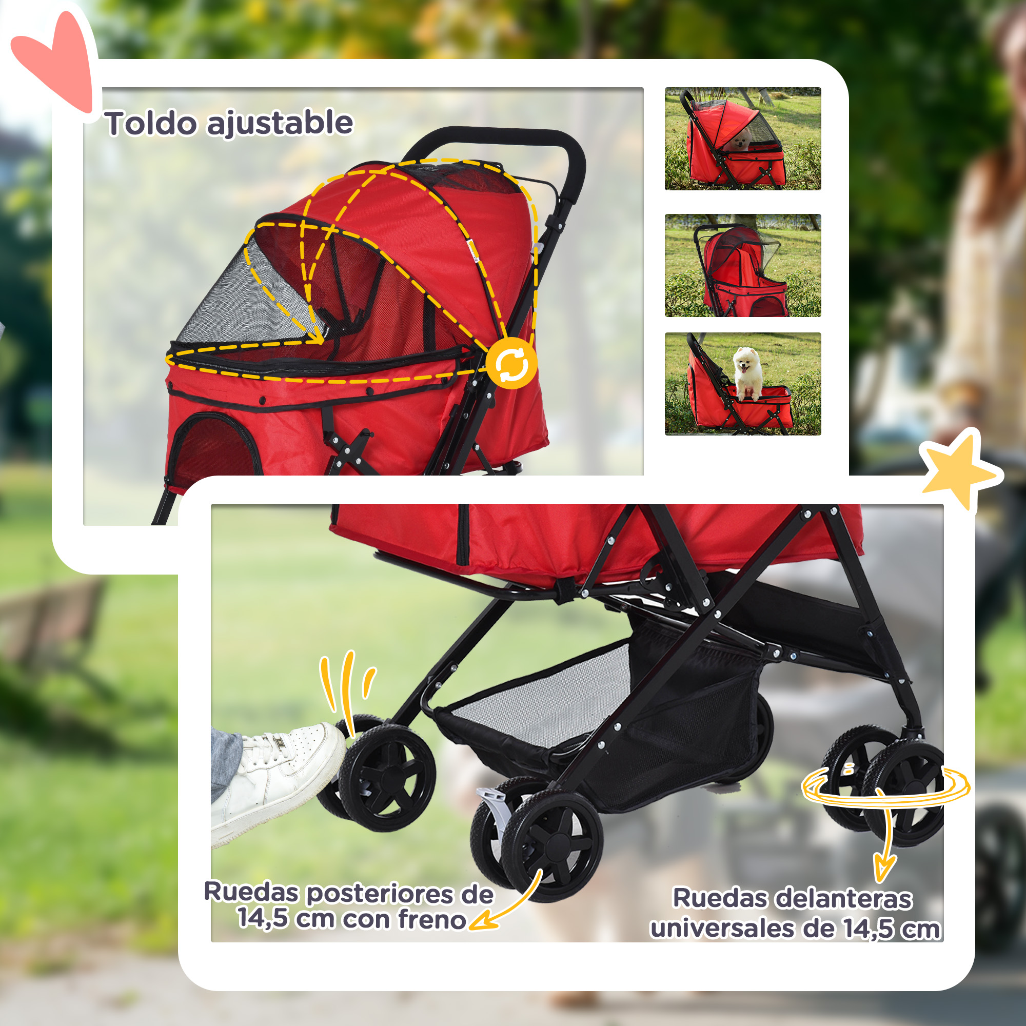 Cochecito para mascotas con capota roja ajustable. Tiene ruedas delanteras giratorias y traseras con frenos.