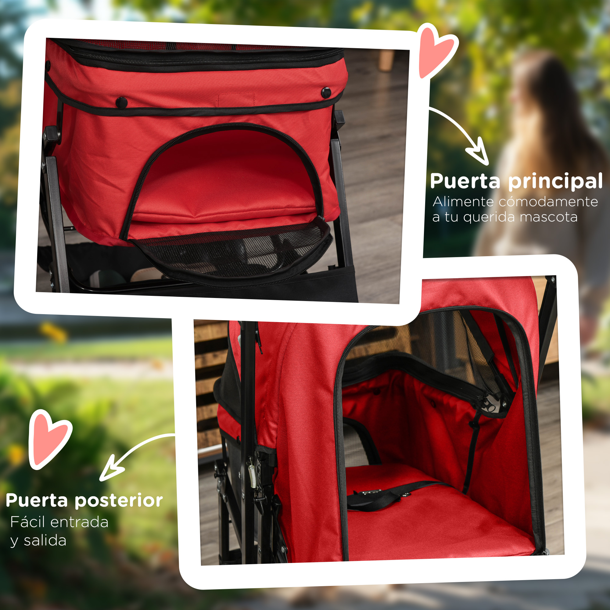 Detalles del cochecito para perros: puerta principal y puerta trasera. Ambas son rojas. El cochecito está en un parque.