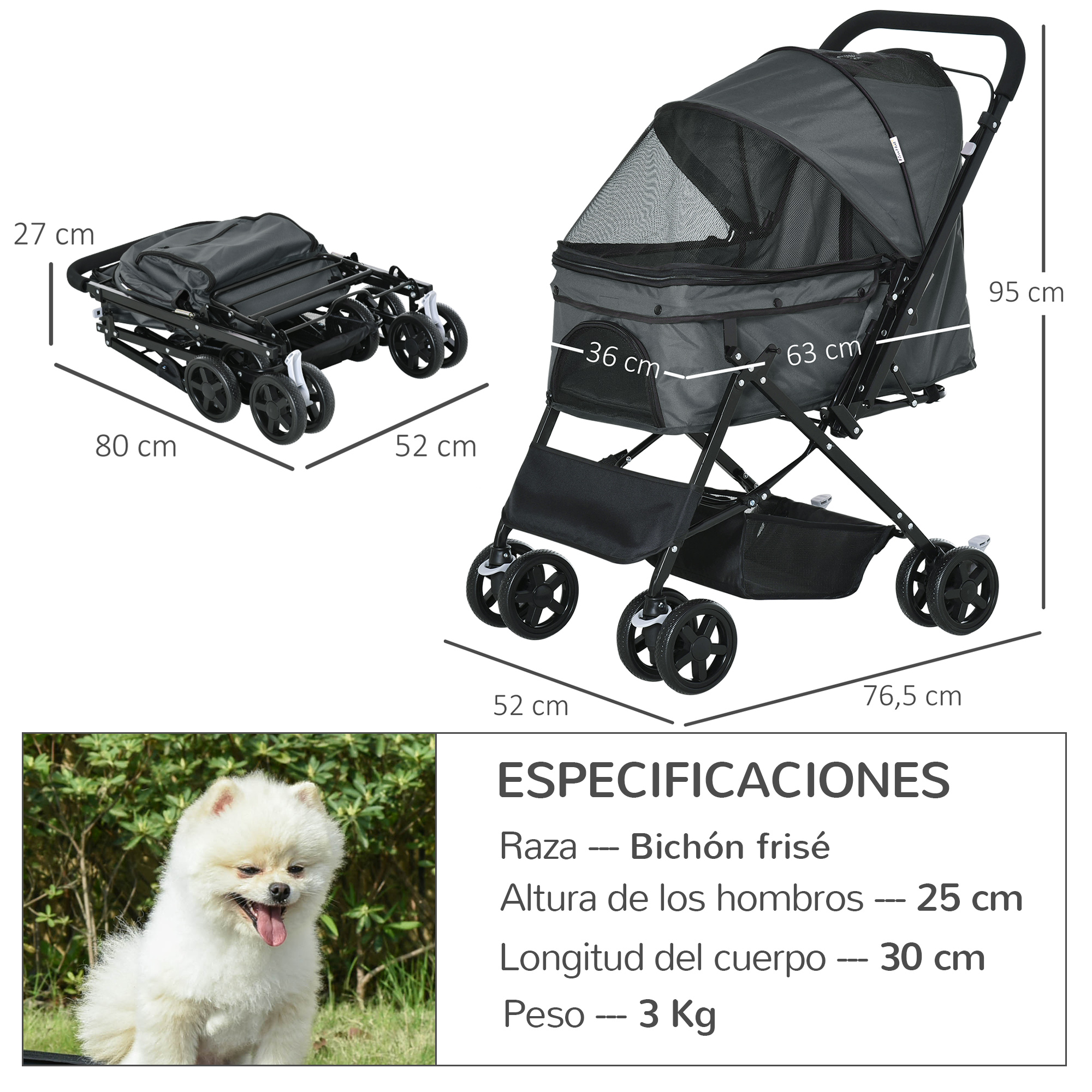 Diagrama de un cochecito para mascotas con dimensiones y especificaciones, más una foto de un perro.