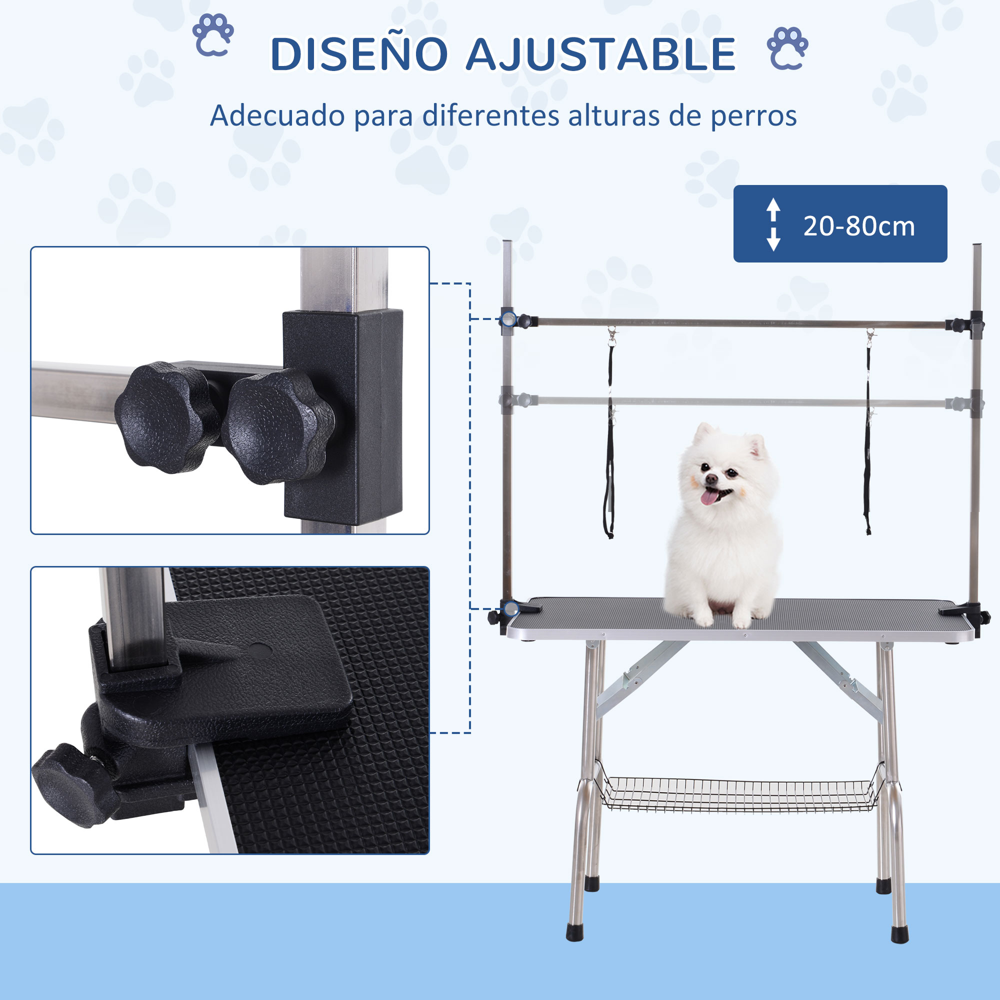 Mesa de aseo para perros con un perro. Diseño ajustable. Primeros planos de perillas de ajuste y superficie de la mesa.