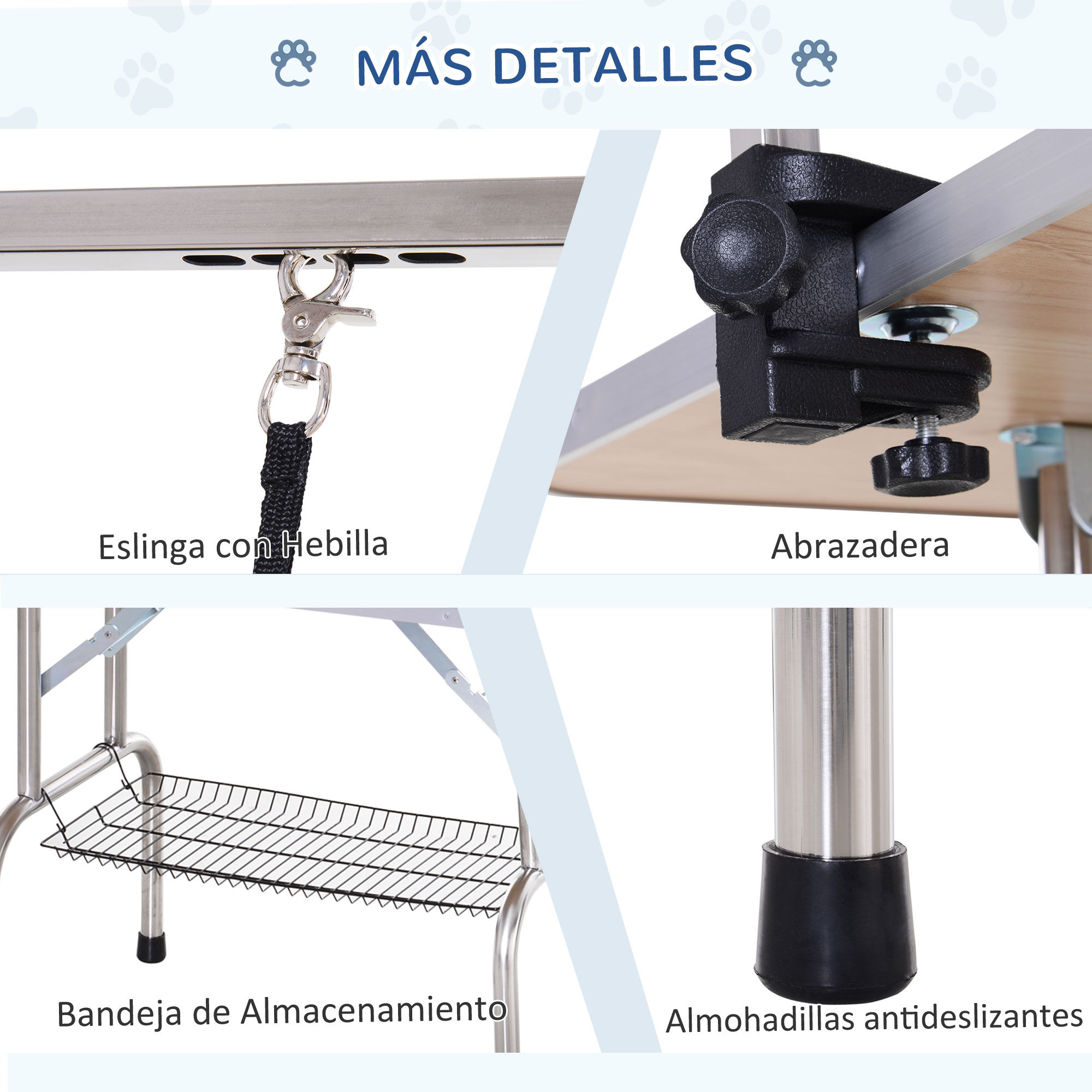 Detalles de la mesa de aseo para mascotas: correa, abrazadera, bandeja y almohadillas antideslizantes.