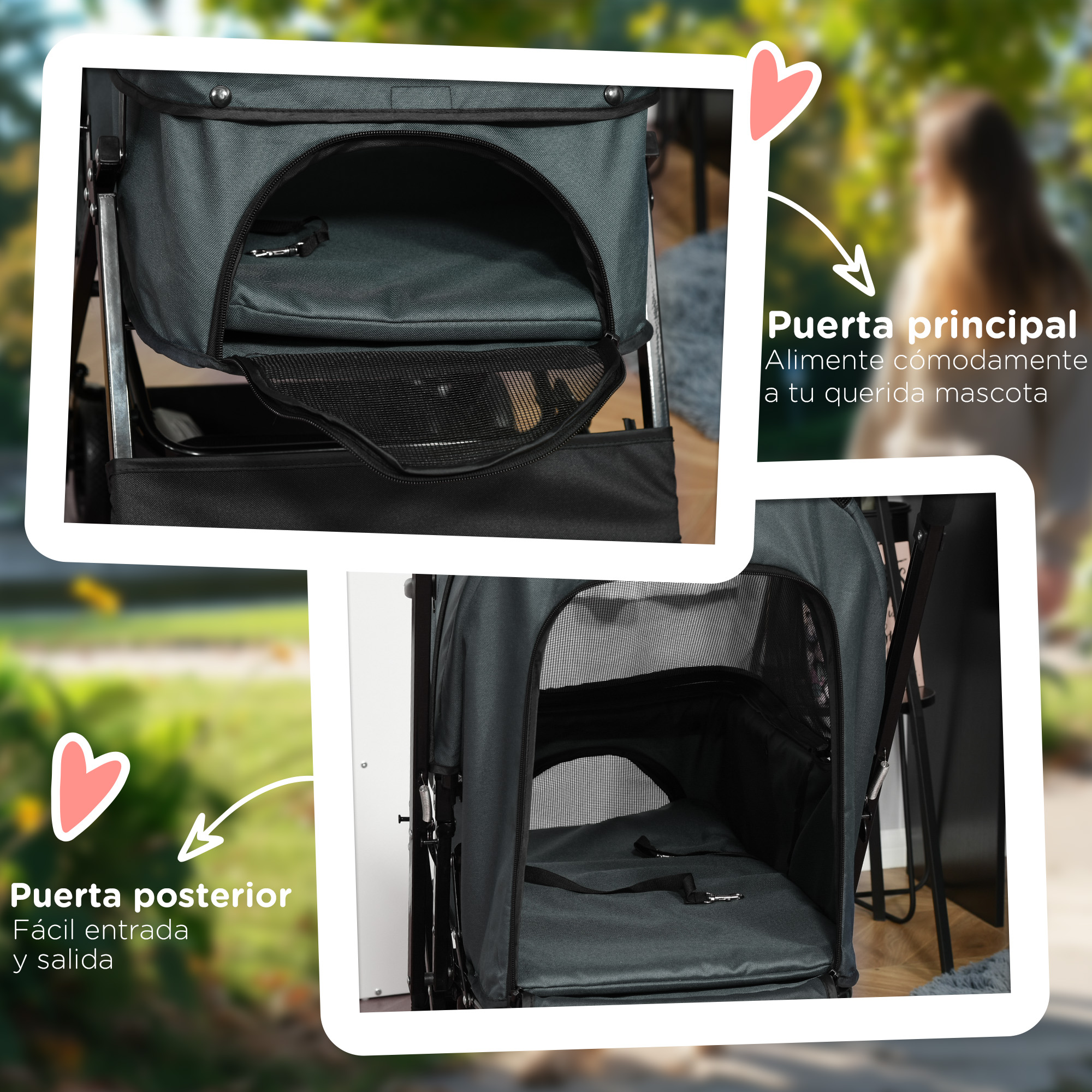 Primeros planos de un cochecito para mascotas, mostrando puertas principal y trasera, destacando el fácil acceso para la mascota.