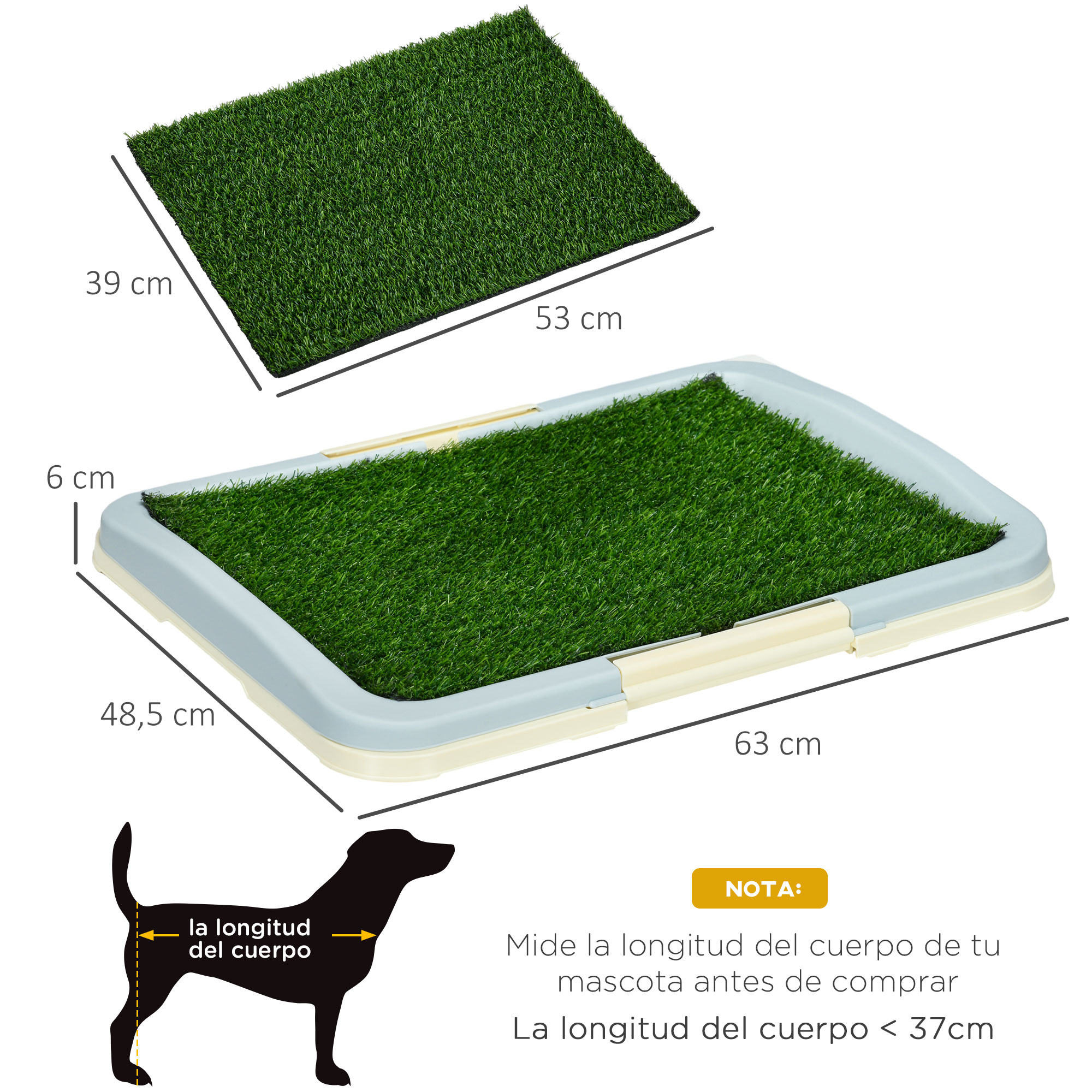 Parche de césped con una bandeja. Una silueta de perro muestra la medida de la longitud.