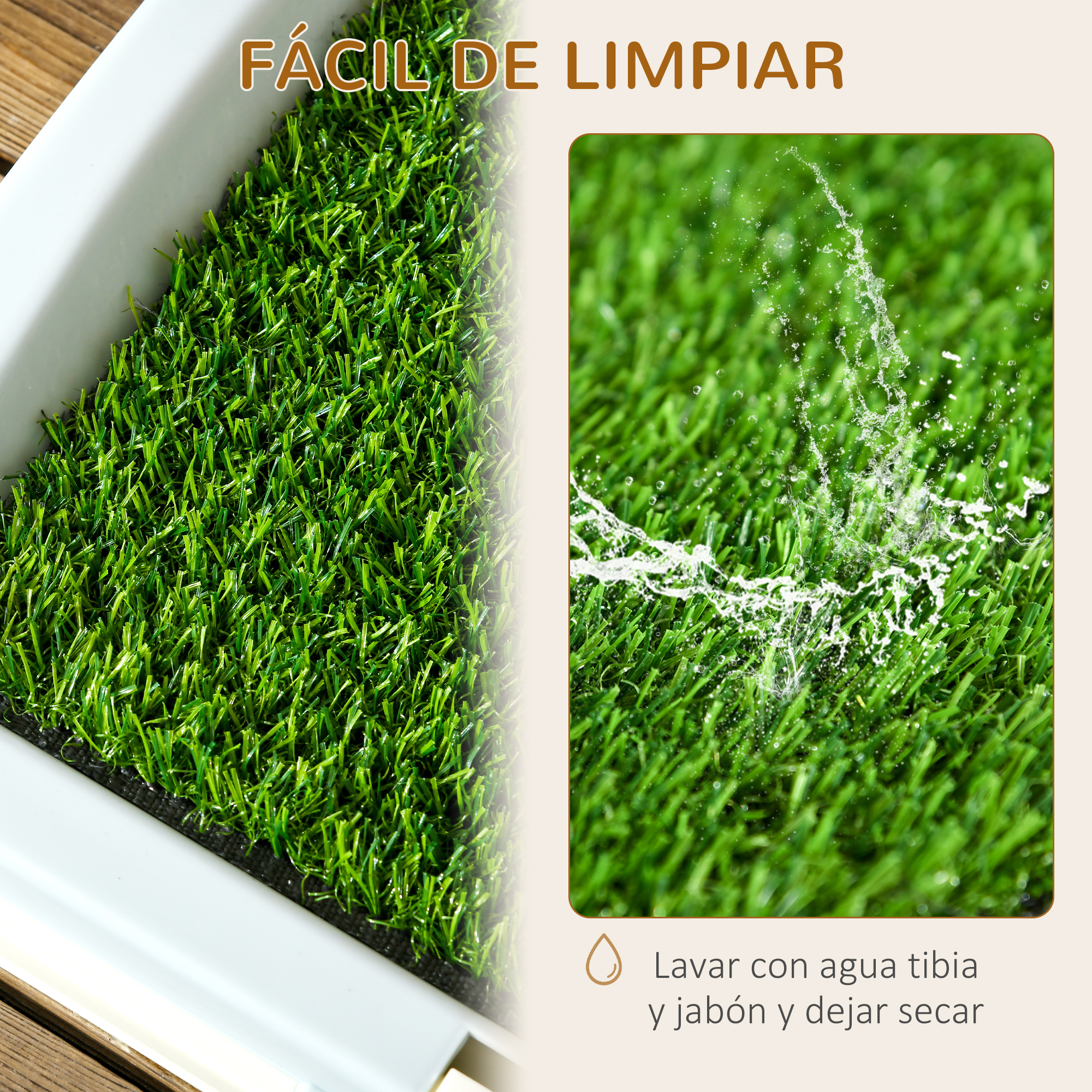 Césped artificial siendo limpiado con agua, demostrando fácil limpieza.