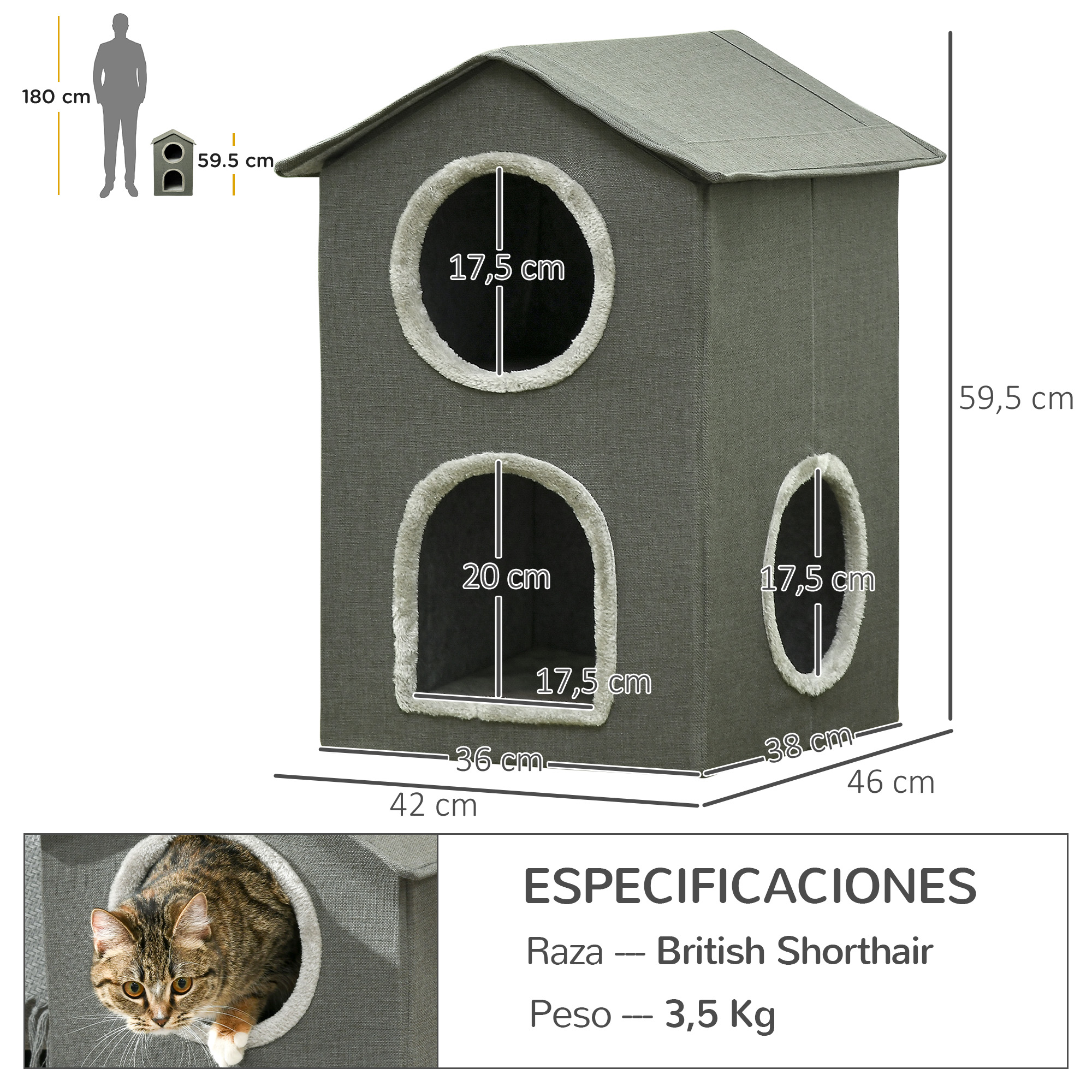 Una casa para gatos gris con dimensiones y un gato en la entrada. Texto en español.