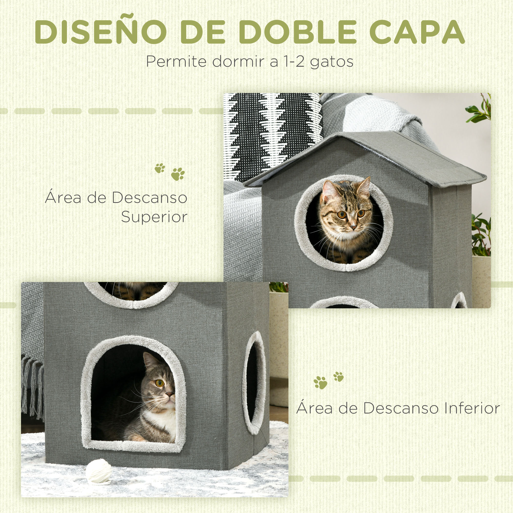 Dos imágenes de una casa para gatos gris. Una muestra un gato en la zona superior, la otra en la zona inferior.