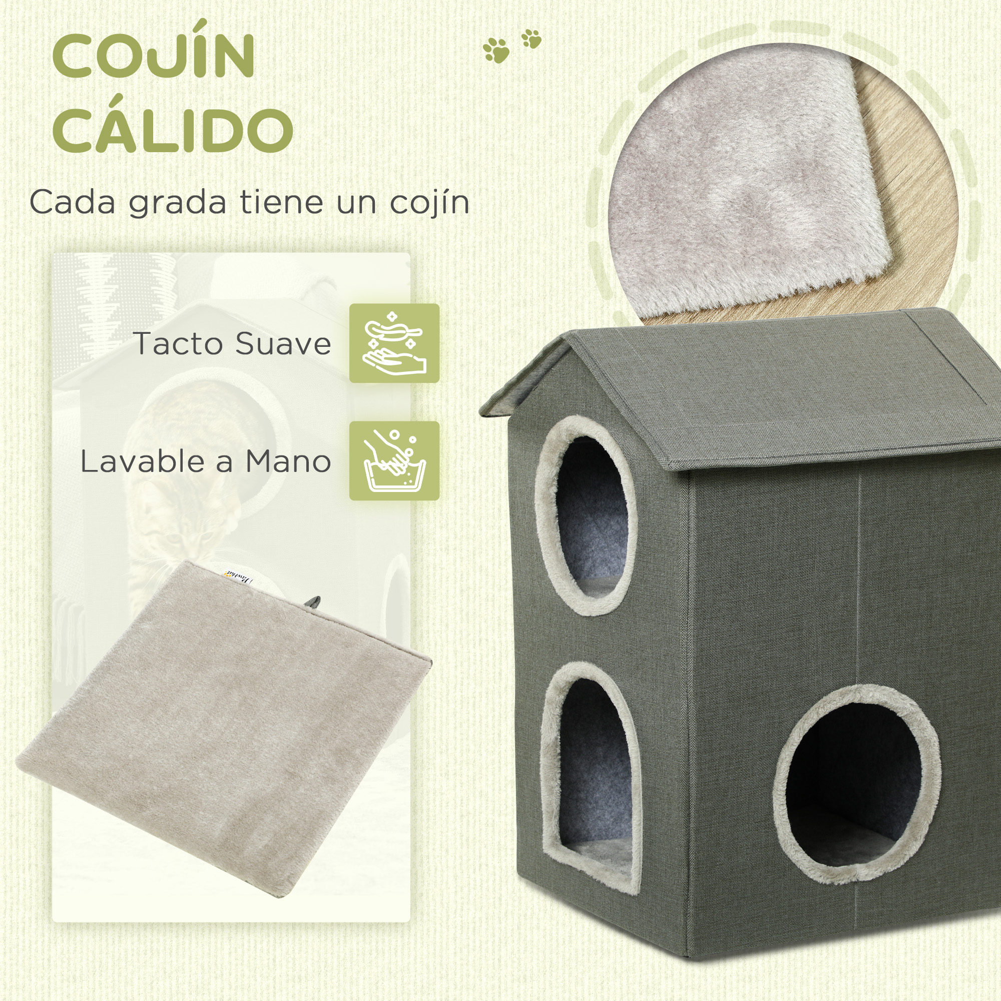 Casa para mascotas gris con cojín suave, destacando comodidad y fácil limpieza con características lavables a mano.