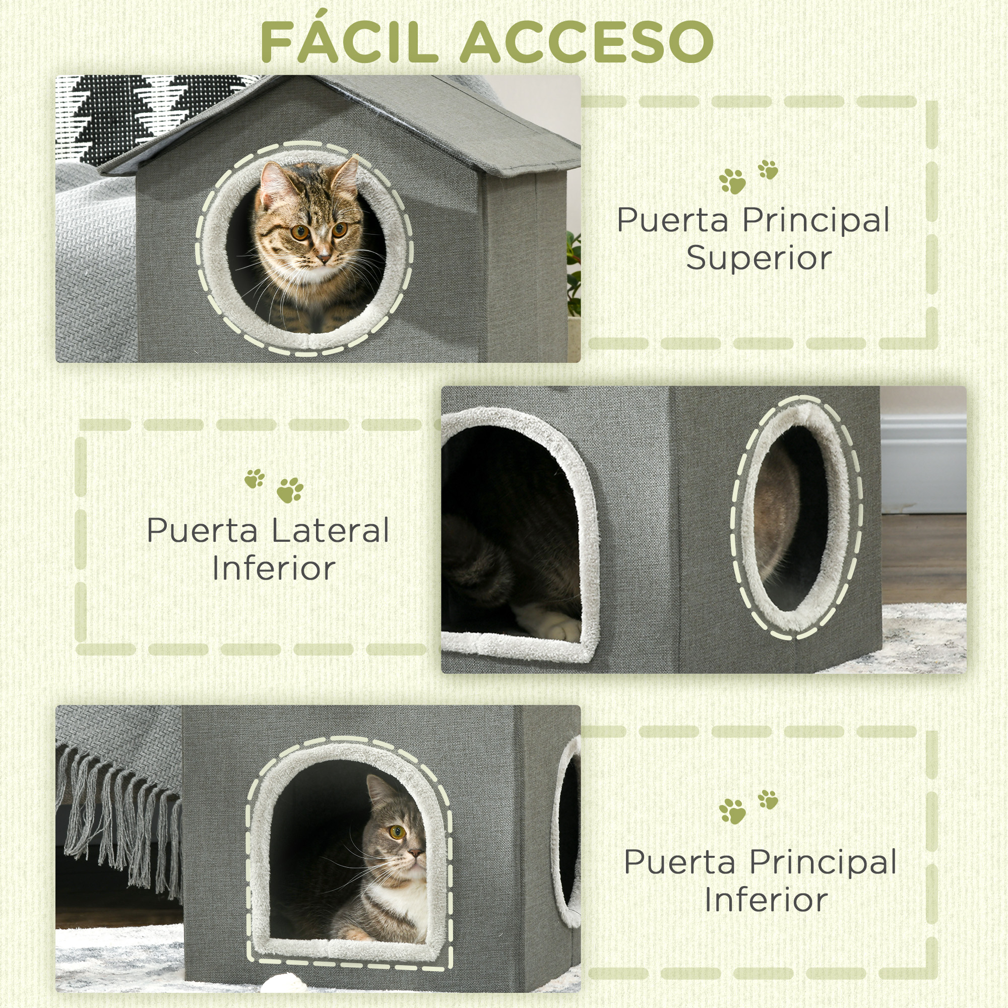 Una casa para gatos con tres puntos de acceso. Un gato es visible en las aberturas superior e inferior.