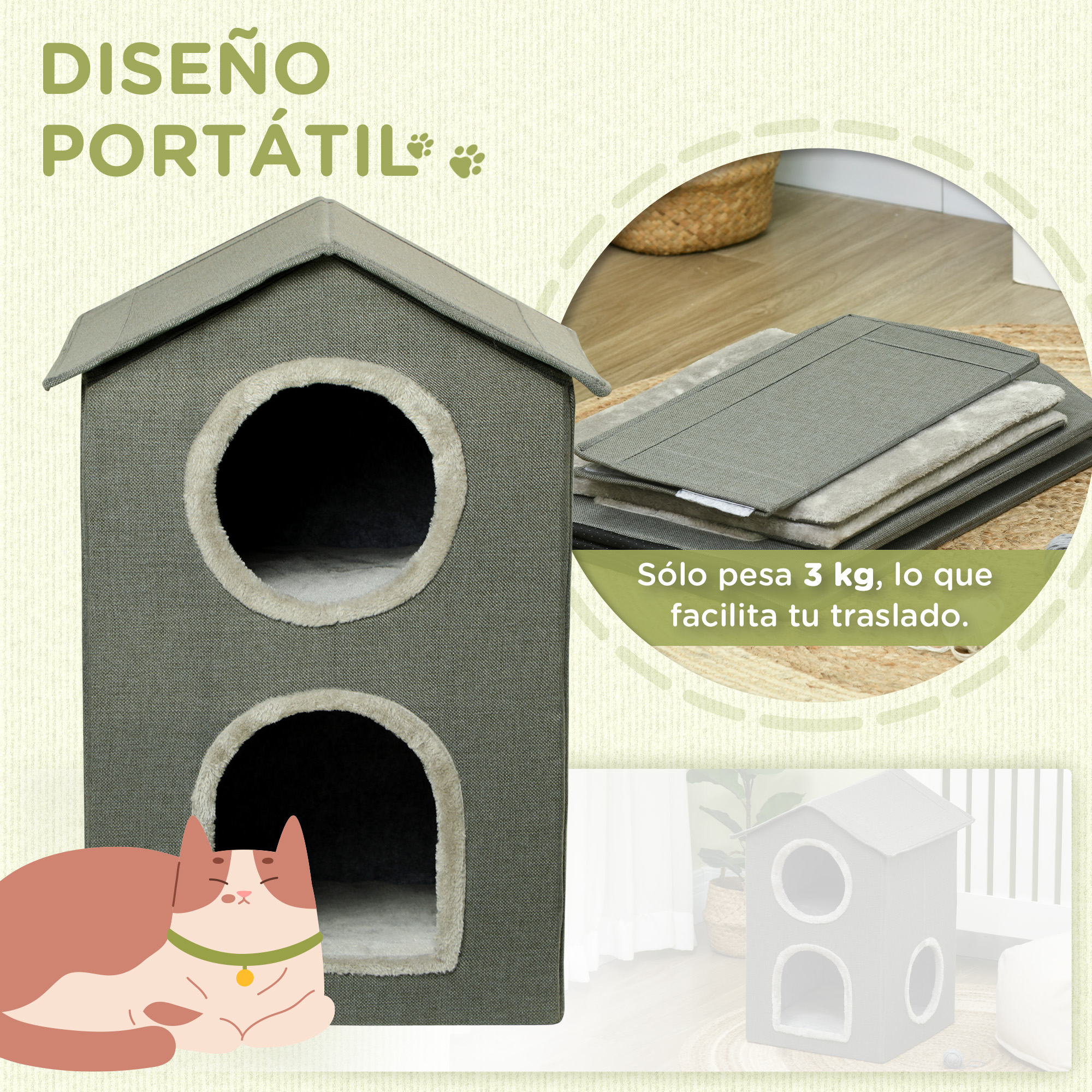 Una cama para mascotas gris y blanca con dimensiones indicadas por flechas. Un parche marrón con un logotipo está en la cama.