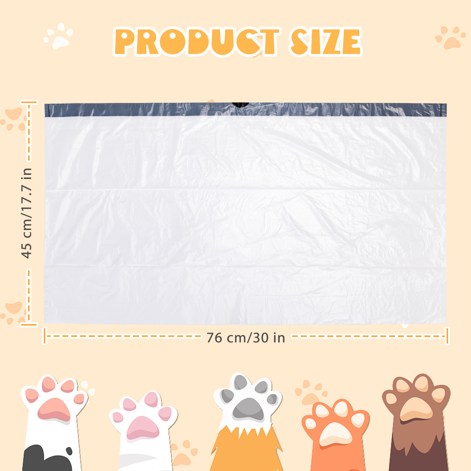 Una bolsa blanca con dimensiones de 45 cm por 76 cm, con huellas de patas coloridas en la parte inferior.