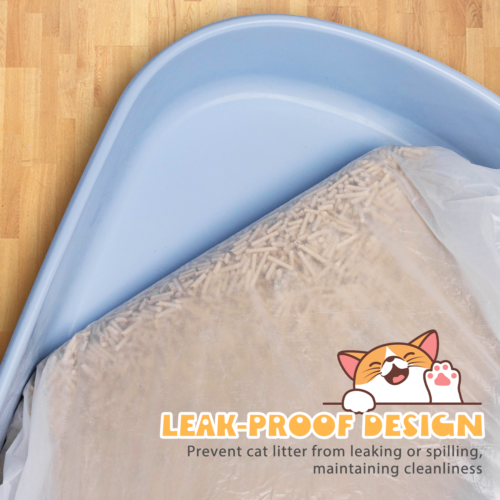 Una caja de arena azul para gatos forrada con una bolsa de arena. Una ilustración de gato de dibujos animados está en la esquina inferior derecha.