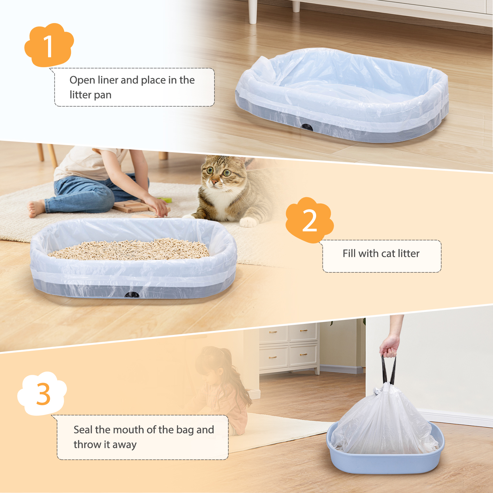 Instrucciones para usar un forro de arena para gatos. Los pasos incluyen abrir, llenar y sellar la bolsa.