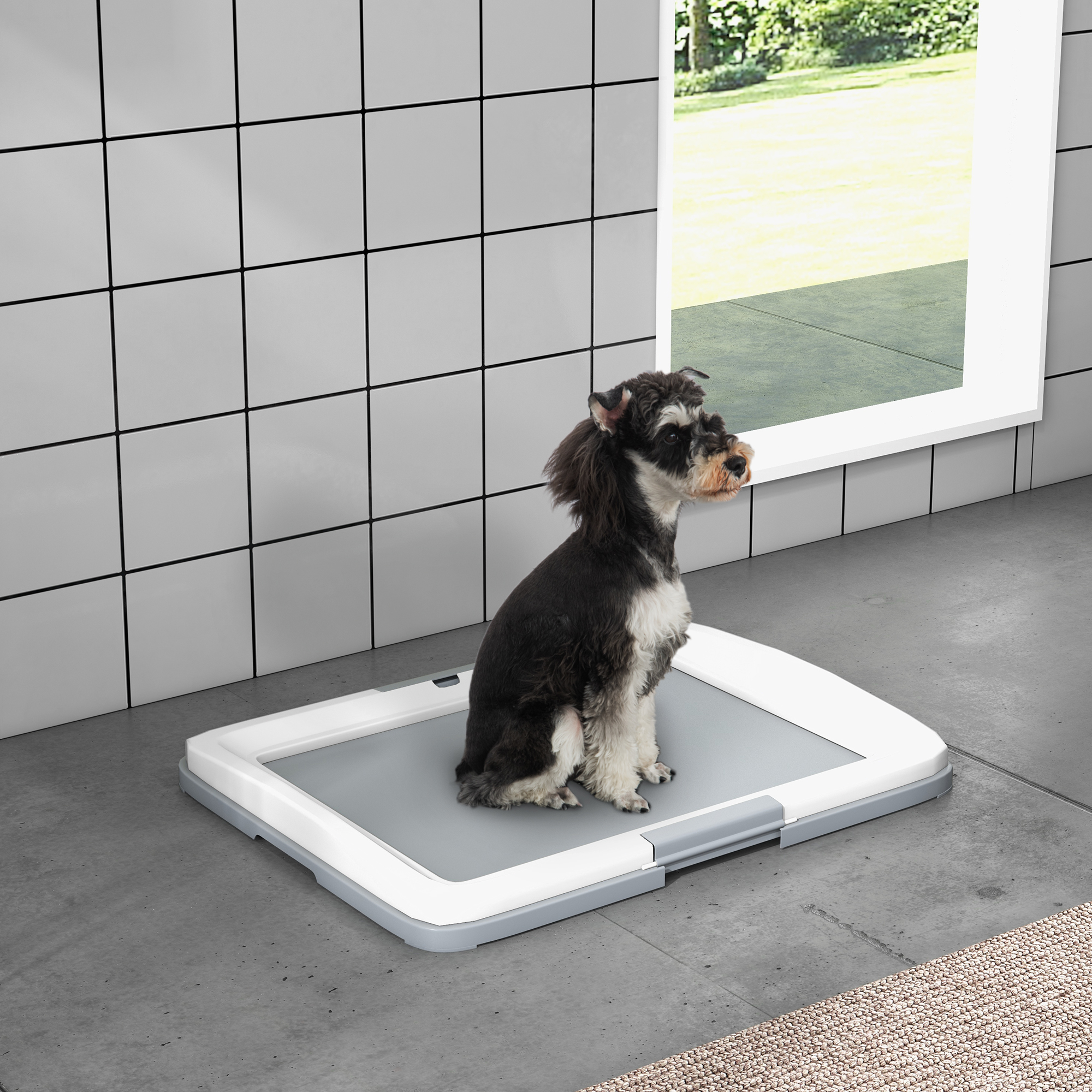 Perro pequeño sentado en un orinal para mascotas blanco y gris. Fondo de azulejos.