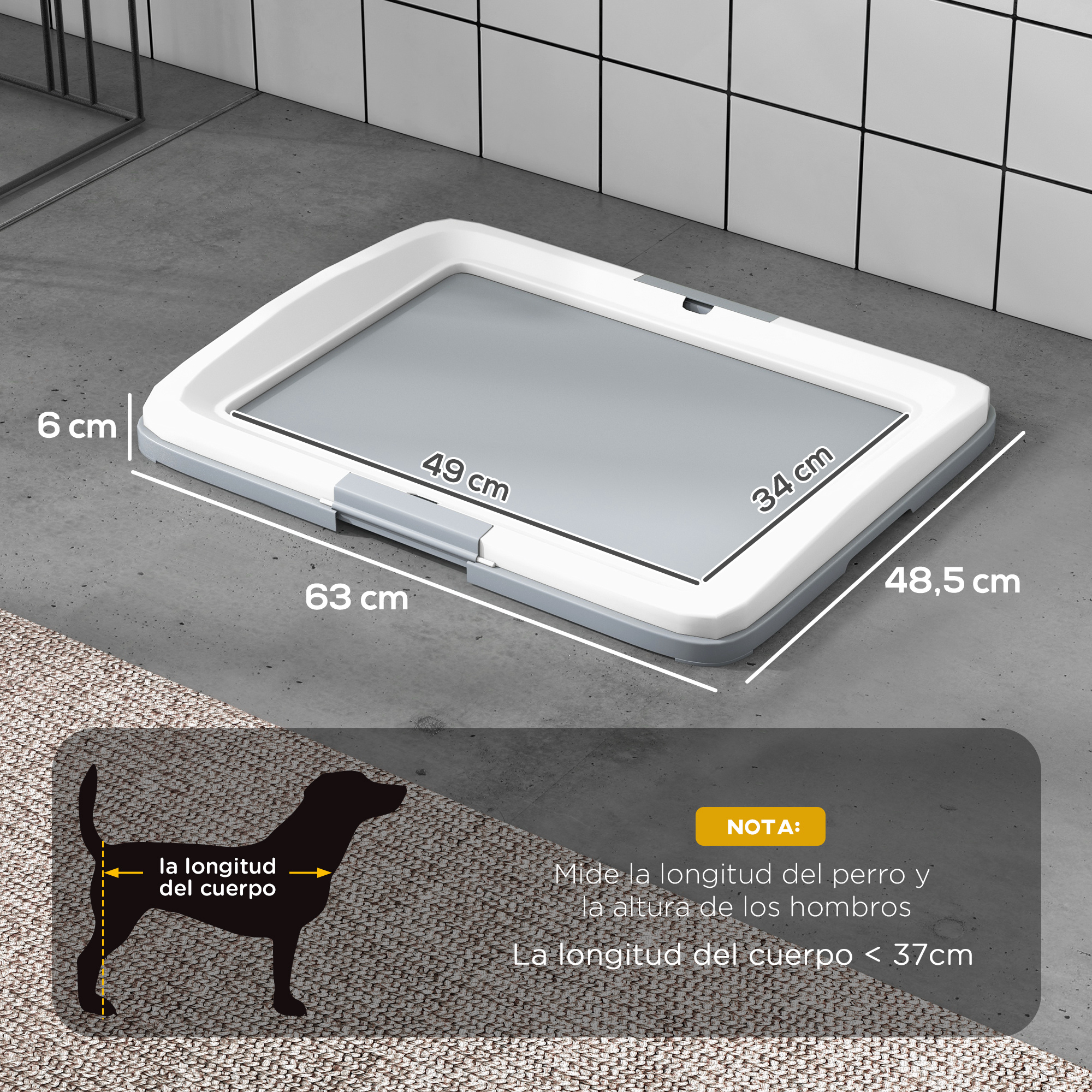 Bandeja rectangular para perros con medidas, junto a una silueta de perro que indica la longitud del cuerpo.