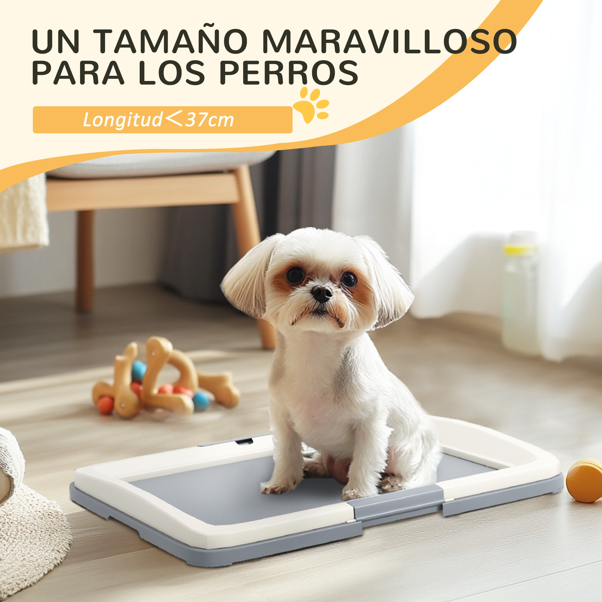Perro blanco pequeño sentado en una cama para mascotas. Texto: 'Un tamaño maravilloso para perros'.