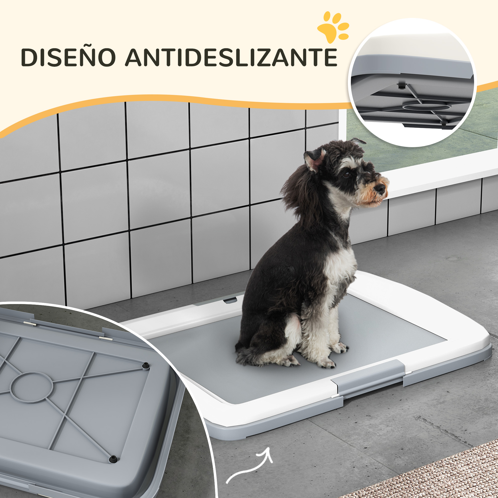Un perro pequeño sentado sobre una almohadilla para orinal gris y blanca. Diseño antideslizante.