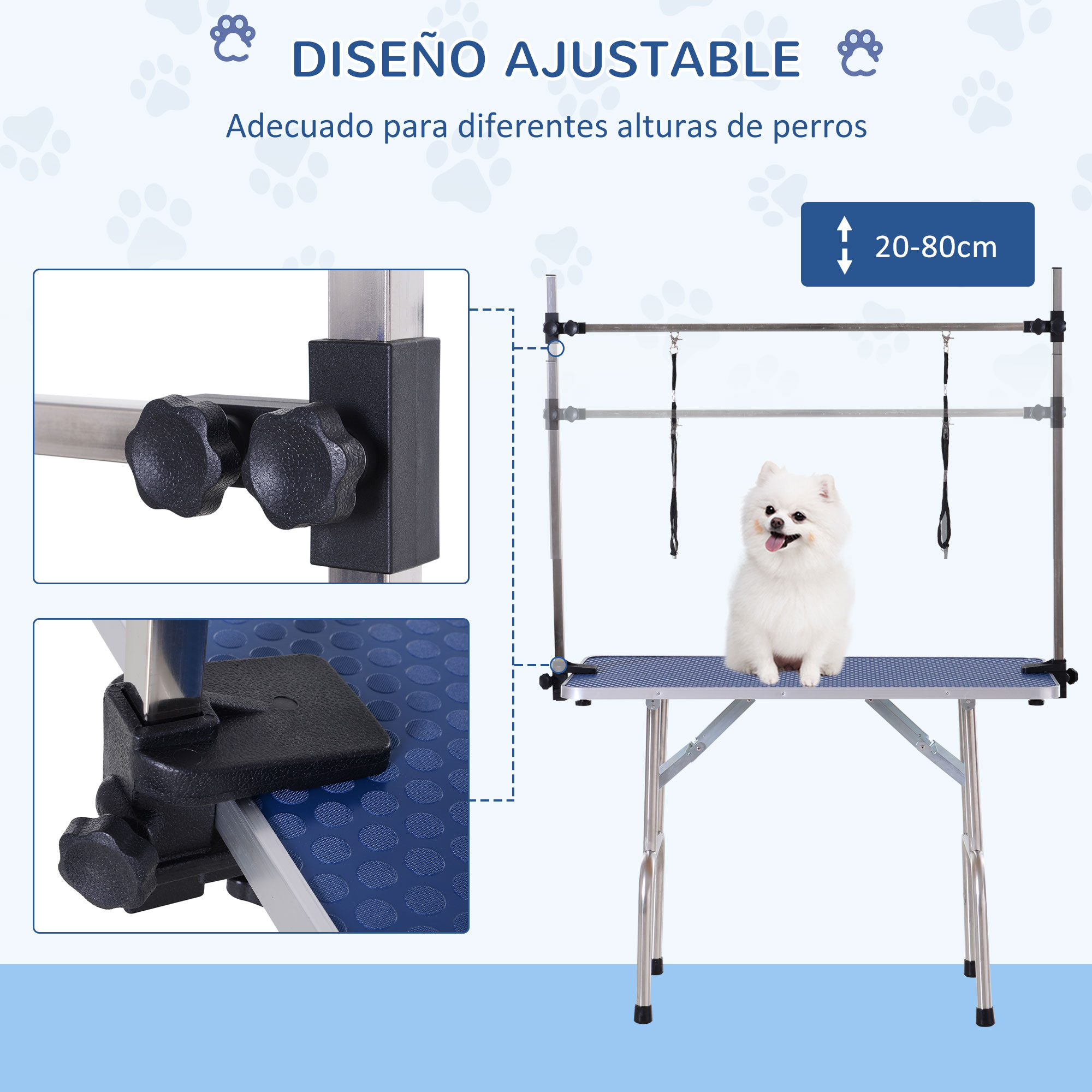 Mesa de aseo para perros. Perro blanco pequeño con fondo azul. Altura ajustable.