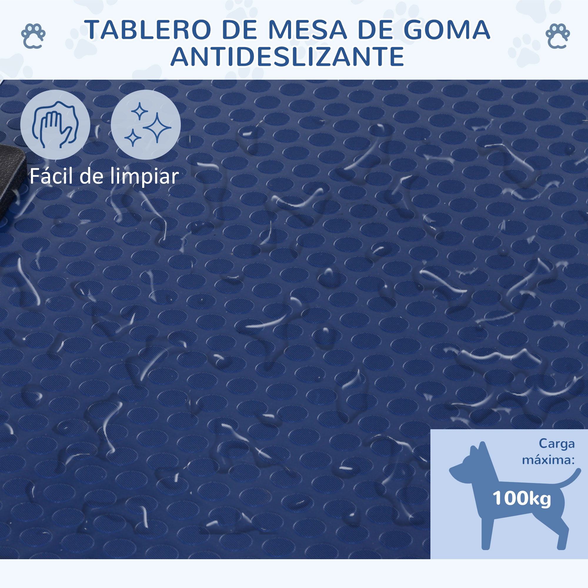 Primer plano de una alfombra de goma azul texturizada y antideslizante. Se ven gotas de agua. Texto dice 100 kg carga máx.