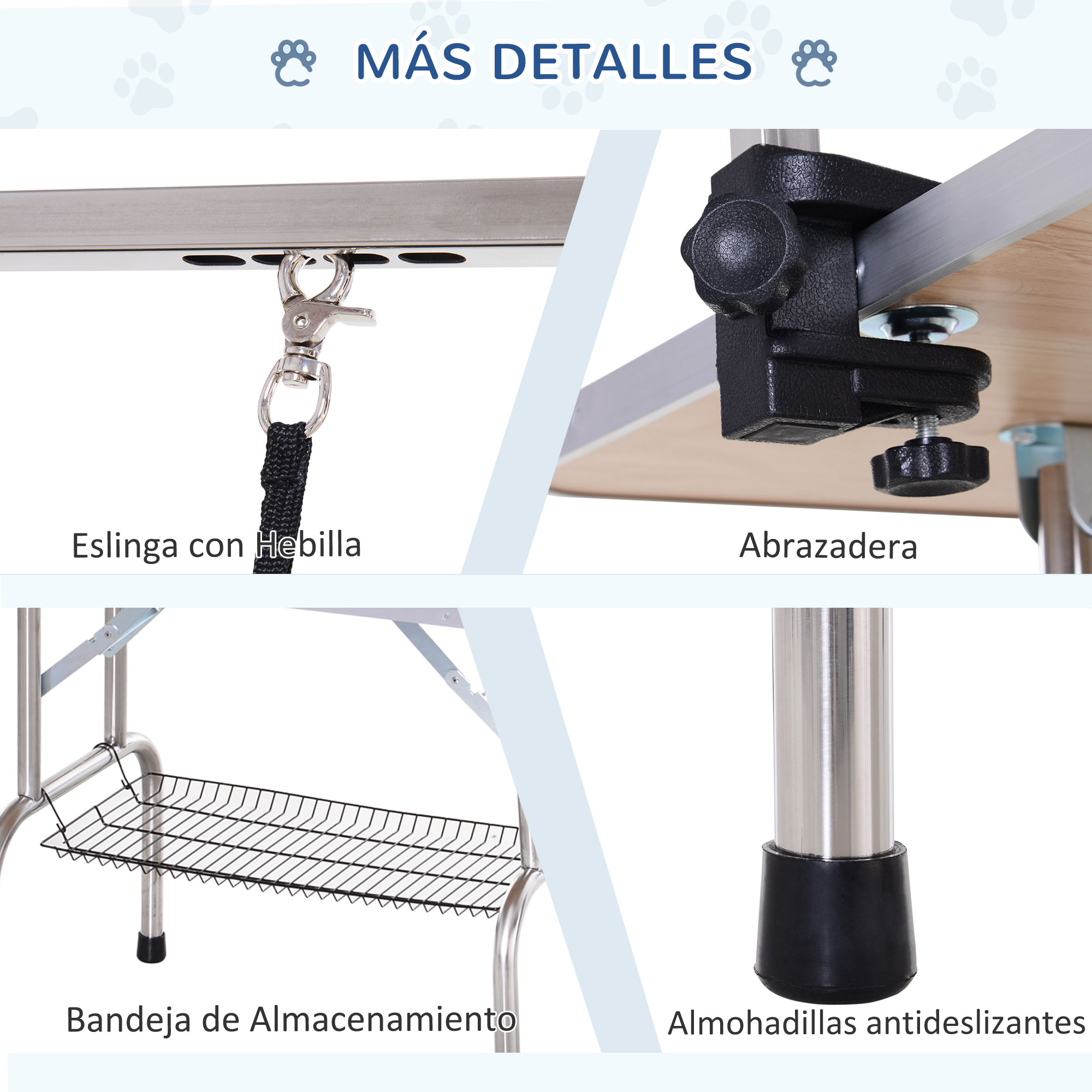 Primer plano de los componentes de una mesa de aseo para mascotas: correa, abrazadera, almacenamiento y almohadillas antideslizantes.