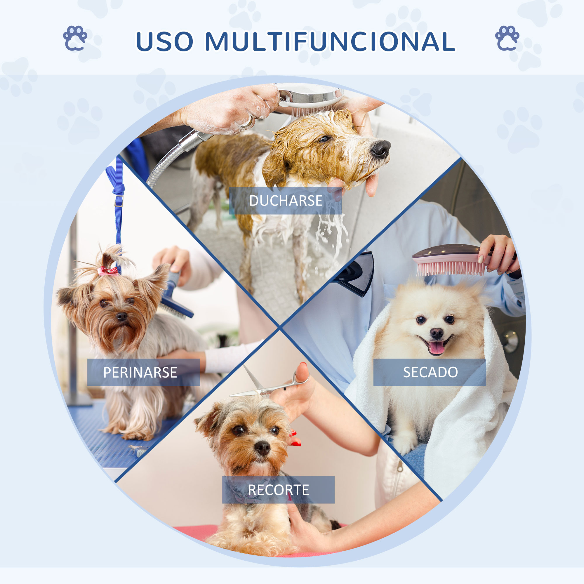 Un collage que muestra diferentes formas de asear a un perro: ducharse, recortar, secar y cepillar.