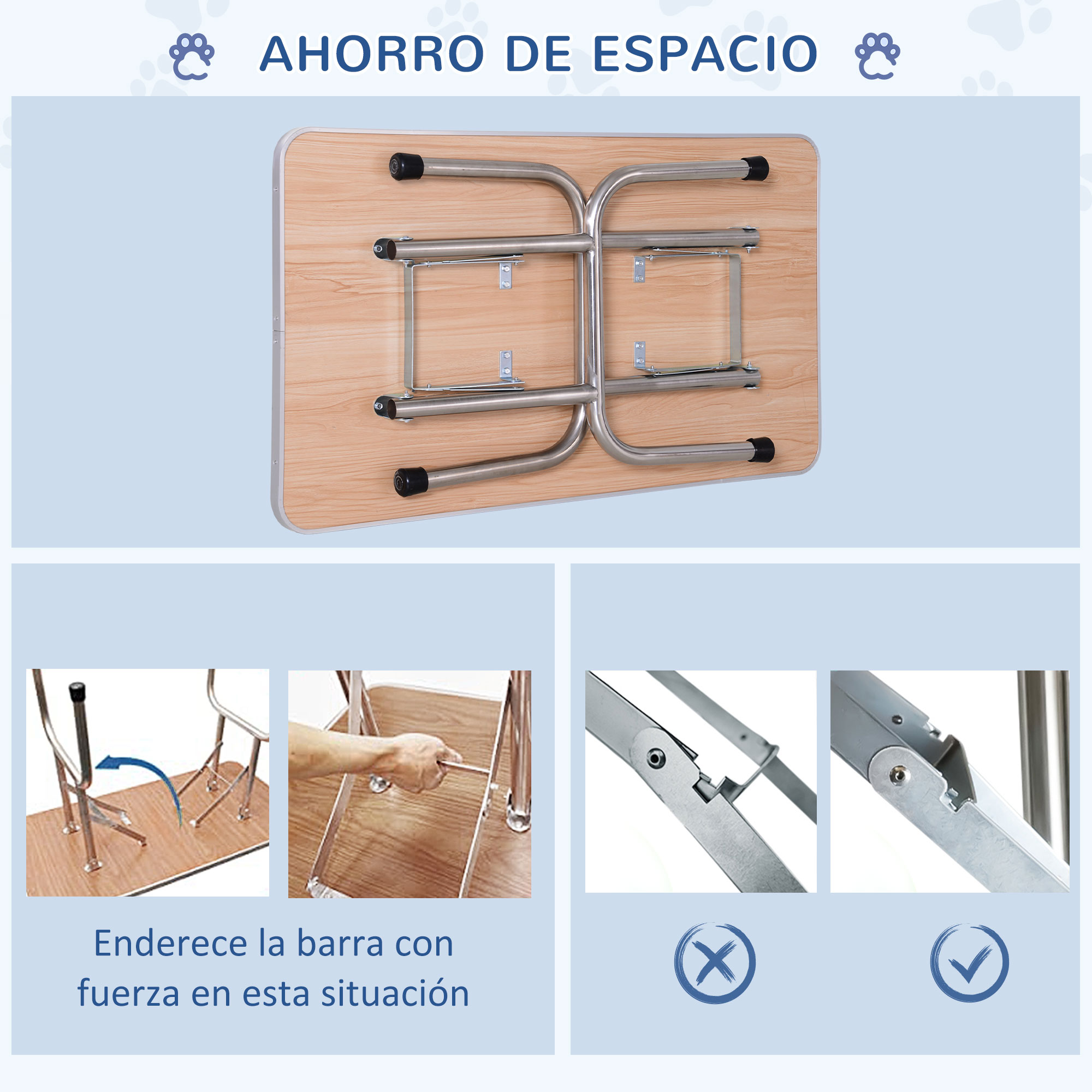 Mesa plegable, de madera y metal. Muestra el mecanismo de plegado y cómo bloquearla.