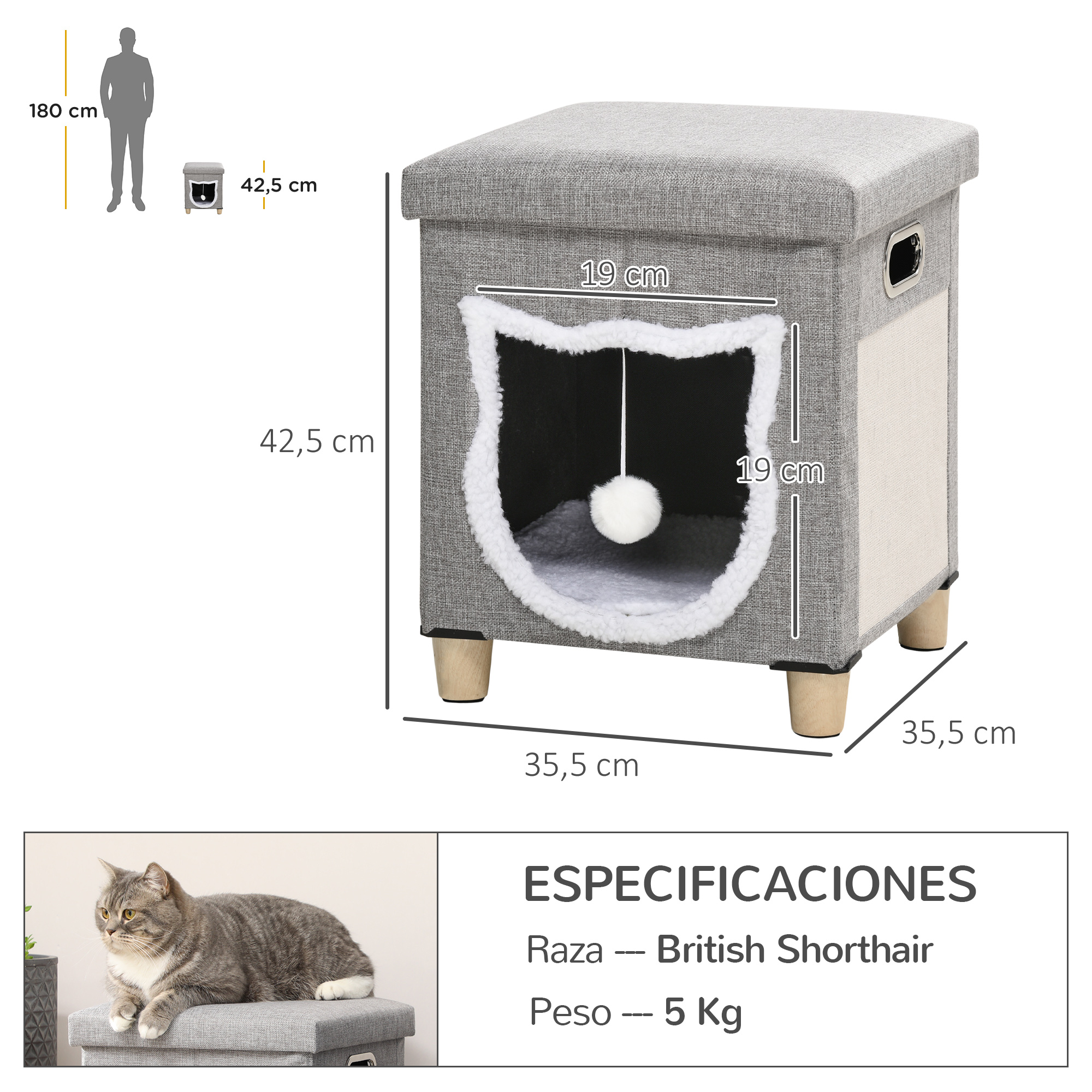 Cama para gatos con abertura en forma de gato y especificaciones.