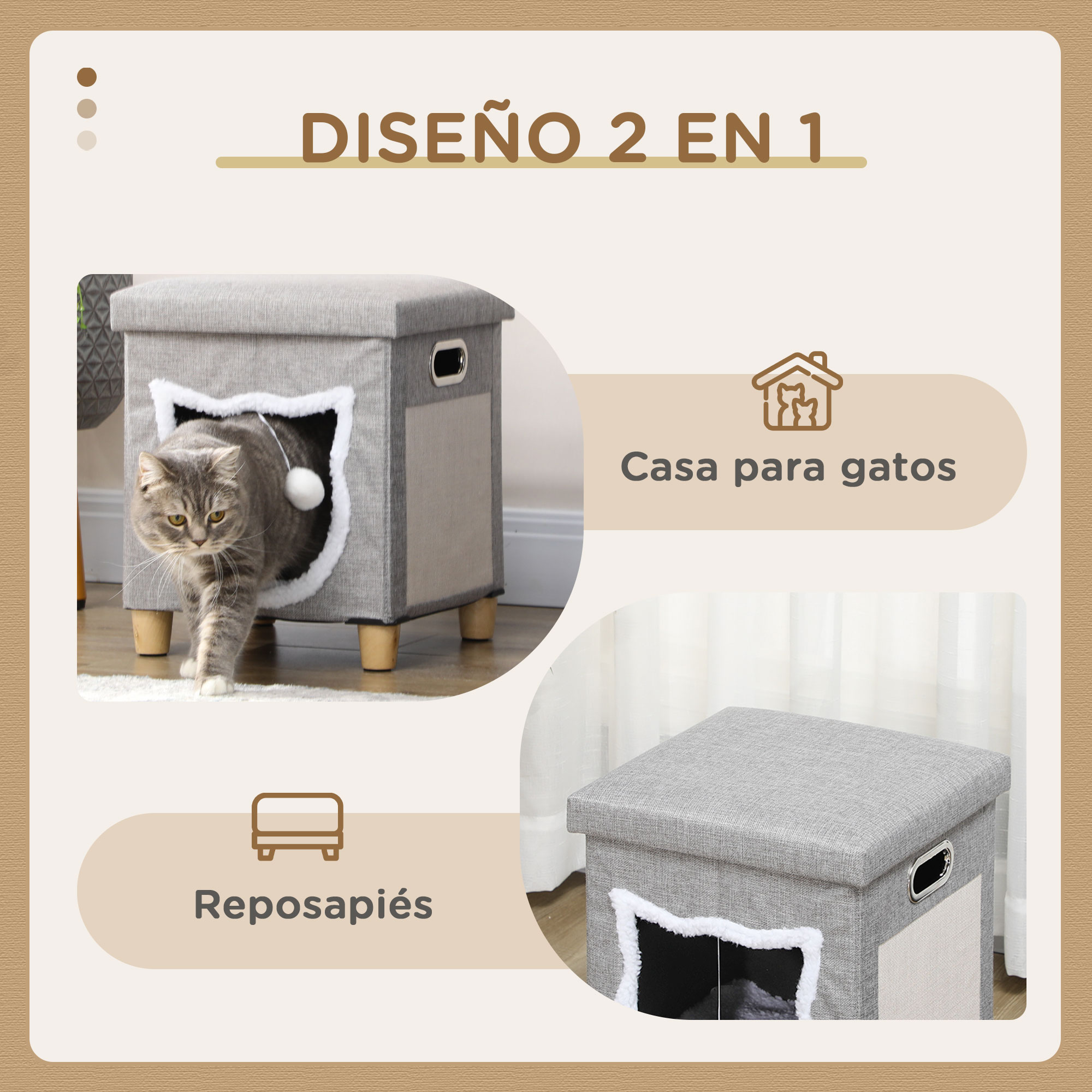 Una casa para gatos gris y un reposapiés. La casa tiene una entrada en forma de gato y el taburete es la tapa.