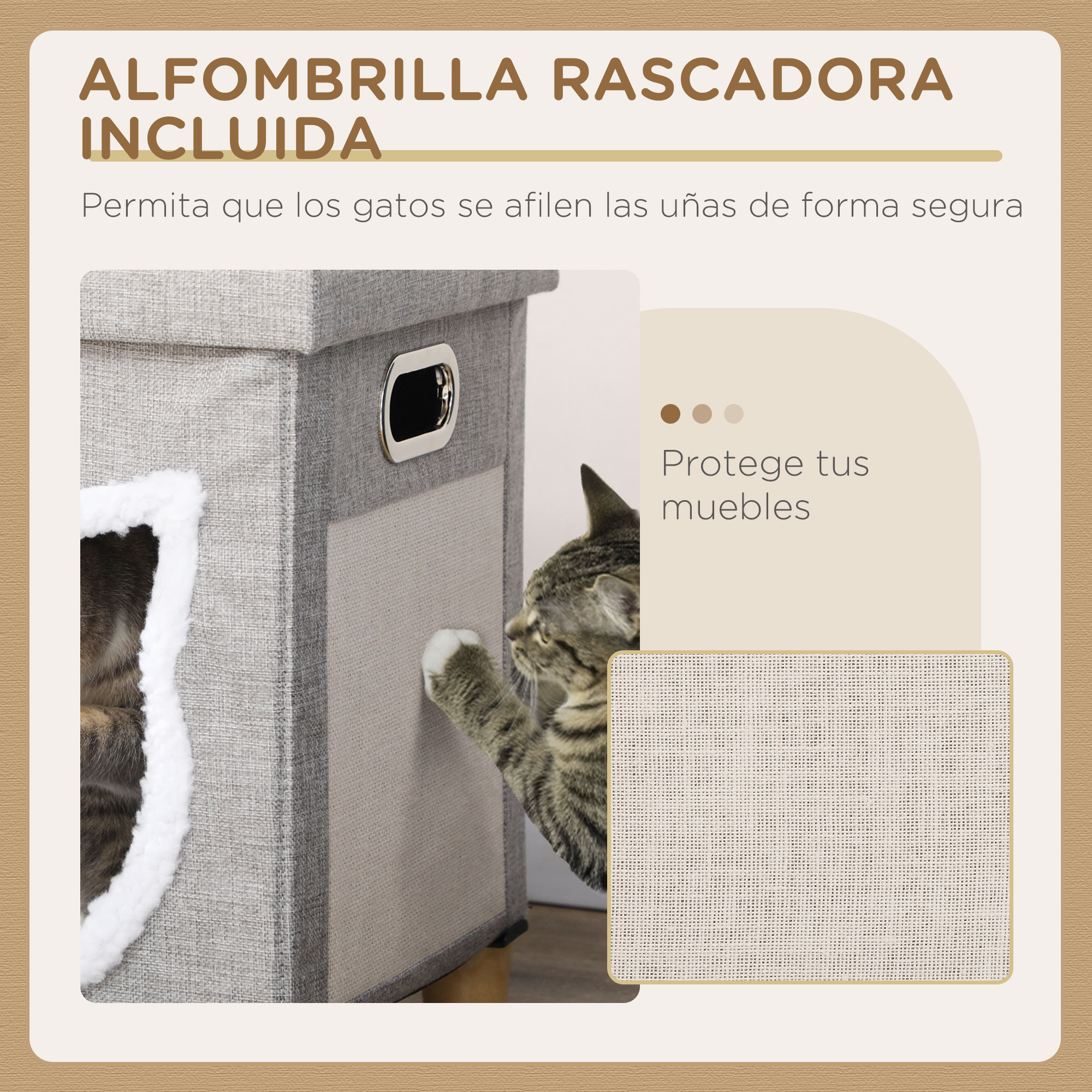 Un gato rasca una tabla rascadora en una casa para gatos gris. El texto dice 'Tabla rascadora incluida'.
