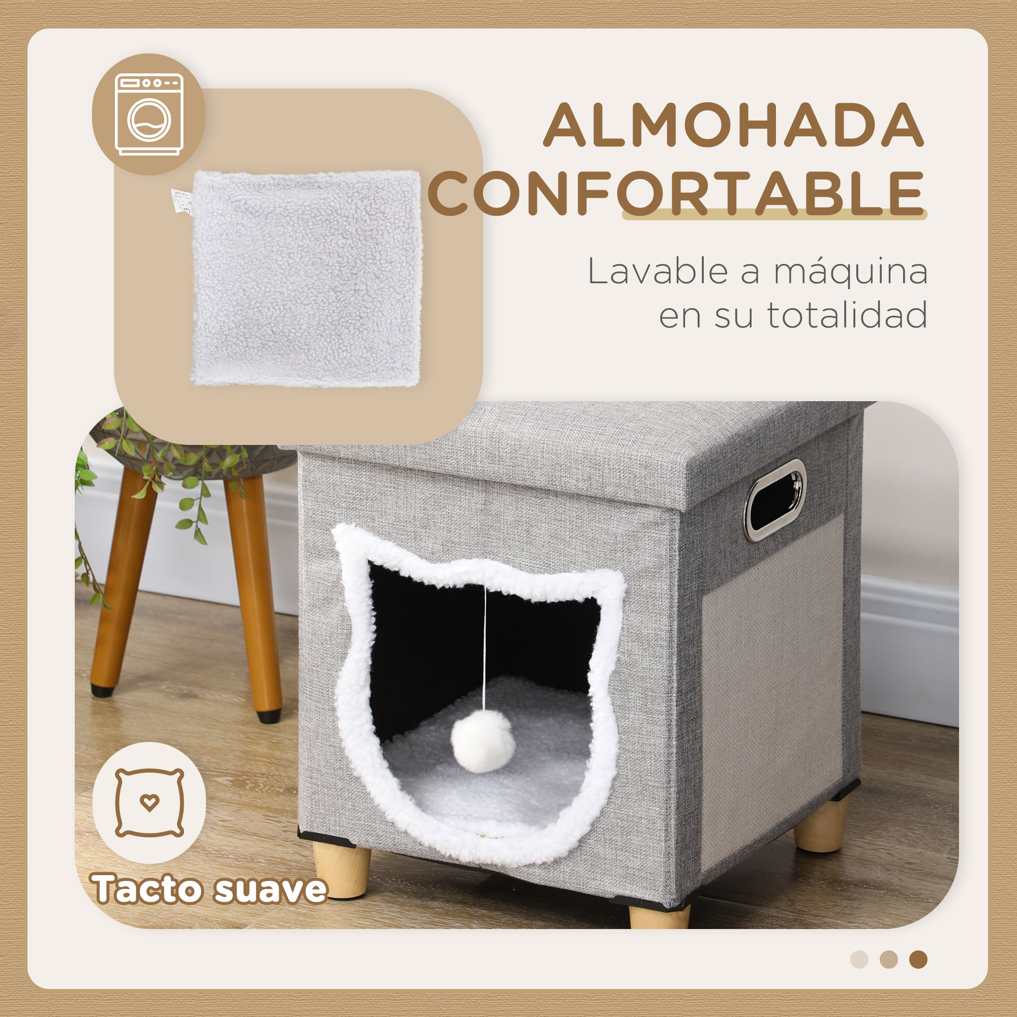 Una casa para gatos gris con una entrada en forma de gato y una pequeña almohada blanca.