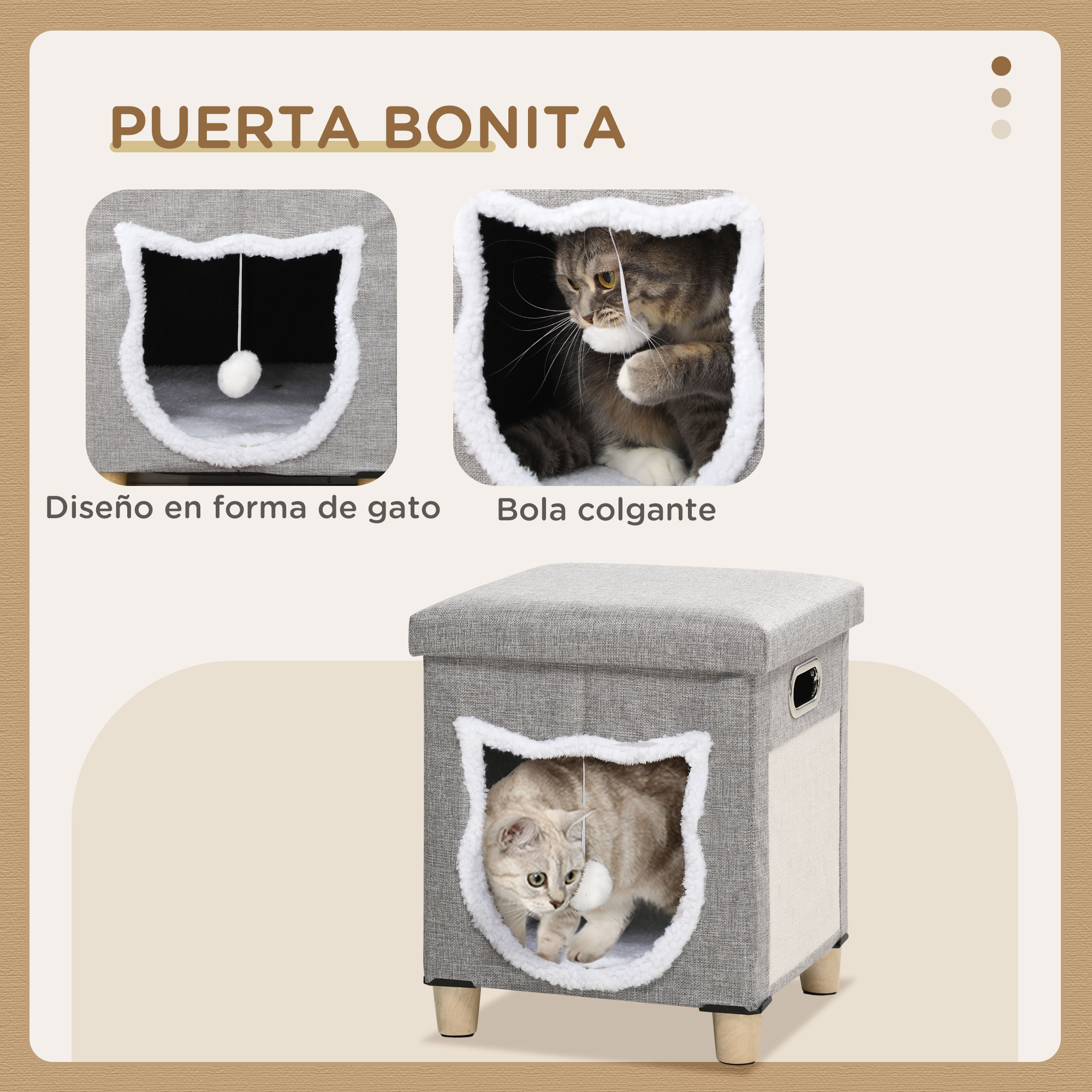 Casa para gatos con un gato dentro. Texto: Diseño en forma de gato y una bola colgante.