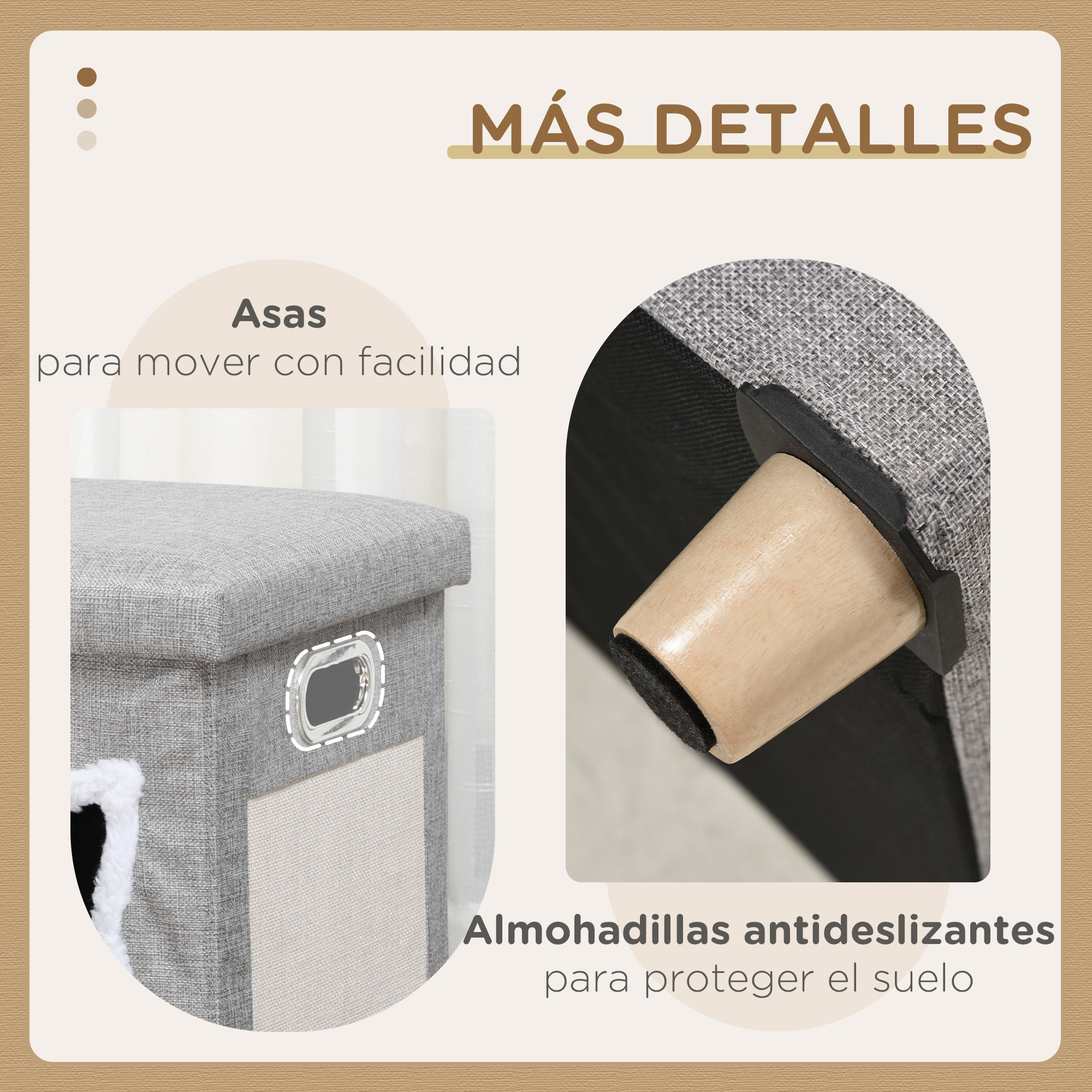 Otomana de almacenamiento de tela gris con asas y patas de madera.
