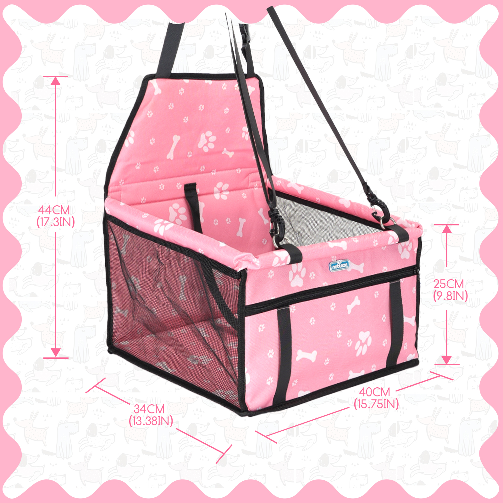 Asiento de coche para mascotas rosa con lado de malla y huellas decorativas de huesos y patas.